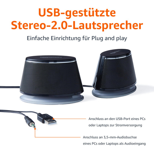Amazon Basics Stereo 2.0 speakers for PC or laptop, 3.5mm AUX input, USB powered, 1 Pair, Black.