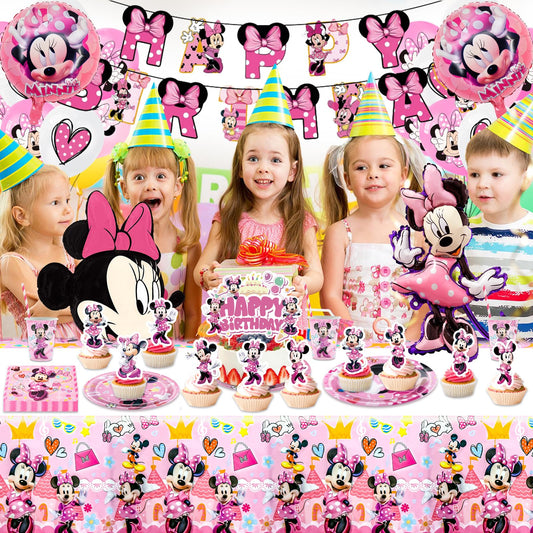 Minnie Mouse paper plates for kids birthday party décor - 100 pieces of pink Minnie birthday party supplies, Mickey birthday decorations for girls, partyware set includes napkins, tablecloth, balloons, banner, and cake decorations.