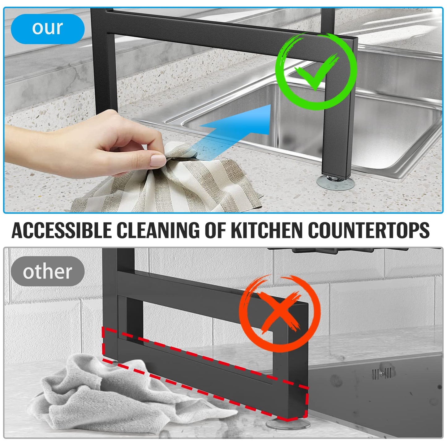 SNSLXH 3-tier dish drying rack with 6 baskets, 63-89.9 cm, sink dish drying rack, large kitchen sink shelf, extendable and adjustable, saves space in the kitchen.