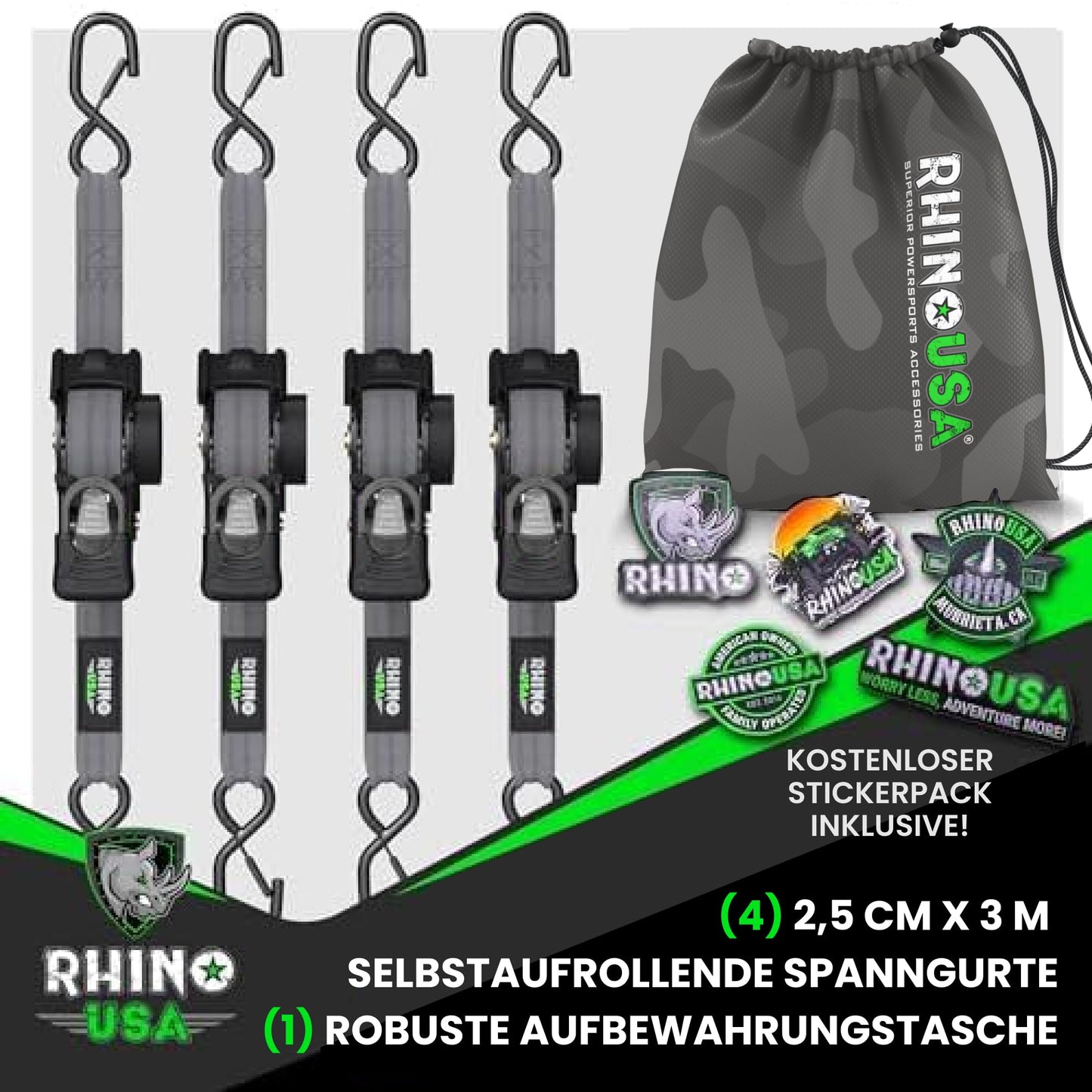 Rhino USA Self-Retracting Ratchet Straps (4-Pack) - 1" x 10' (1,200 lbs Breaking Strength) - Heavy Duty Automatic Ratchet Straps for Trucks, Trailers, Motorcycle, Bike & More - Gray