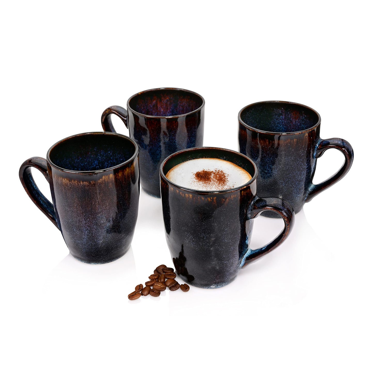 Singer | Coffee cup set Tokyo 4 pcs, coffee mug set for 4 persons, stoneware cup dishwasher safe, handmade cup set, mug set blue-black with brown accents 300 ml | PREMIUM COLLECTION