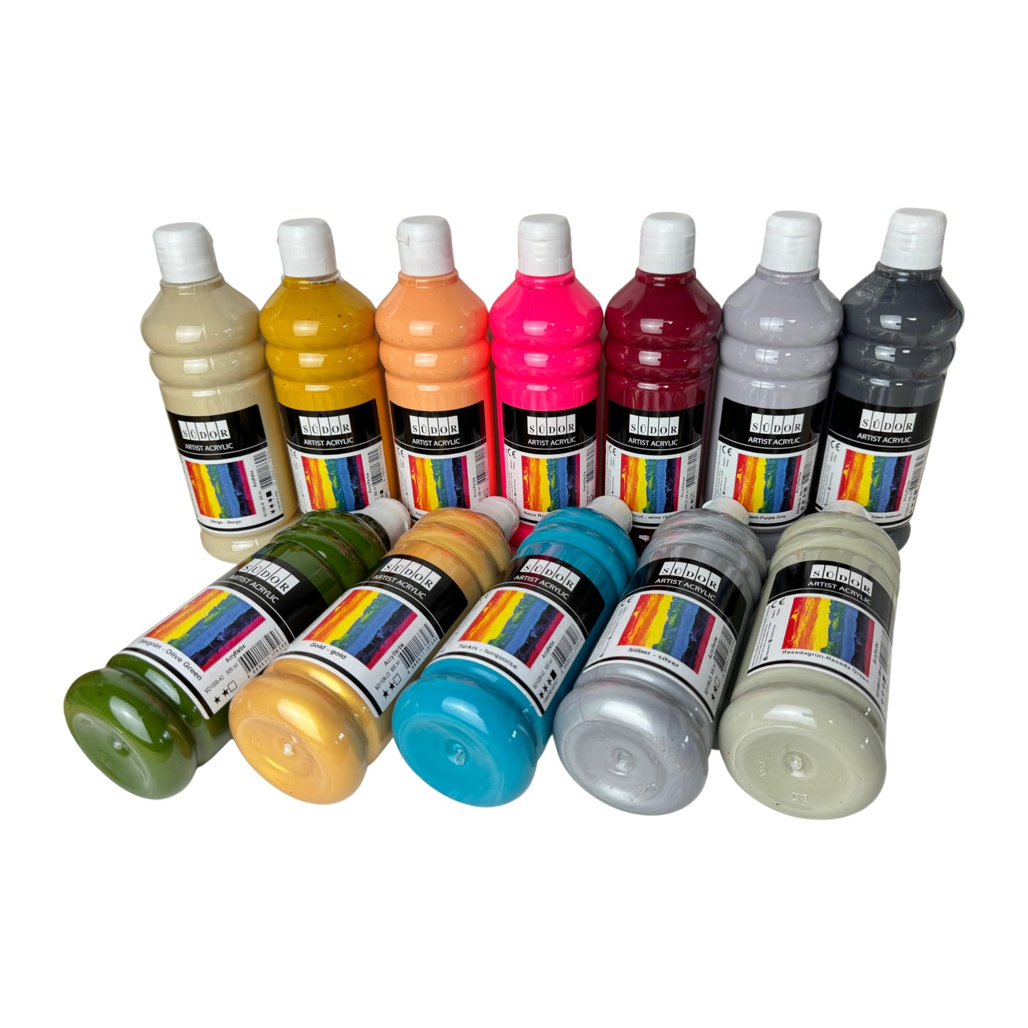 24 color set of acrylic paints, each 500 ml. Highly pigmented and opaque painting colors for canvas, pouring, wood, stone, paper, fabric, metal, etc. All-purpose colors. 24 x 500ml.