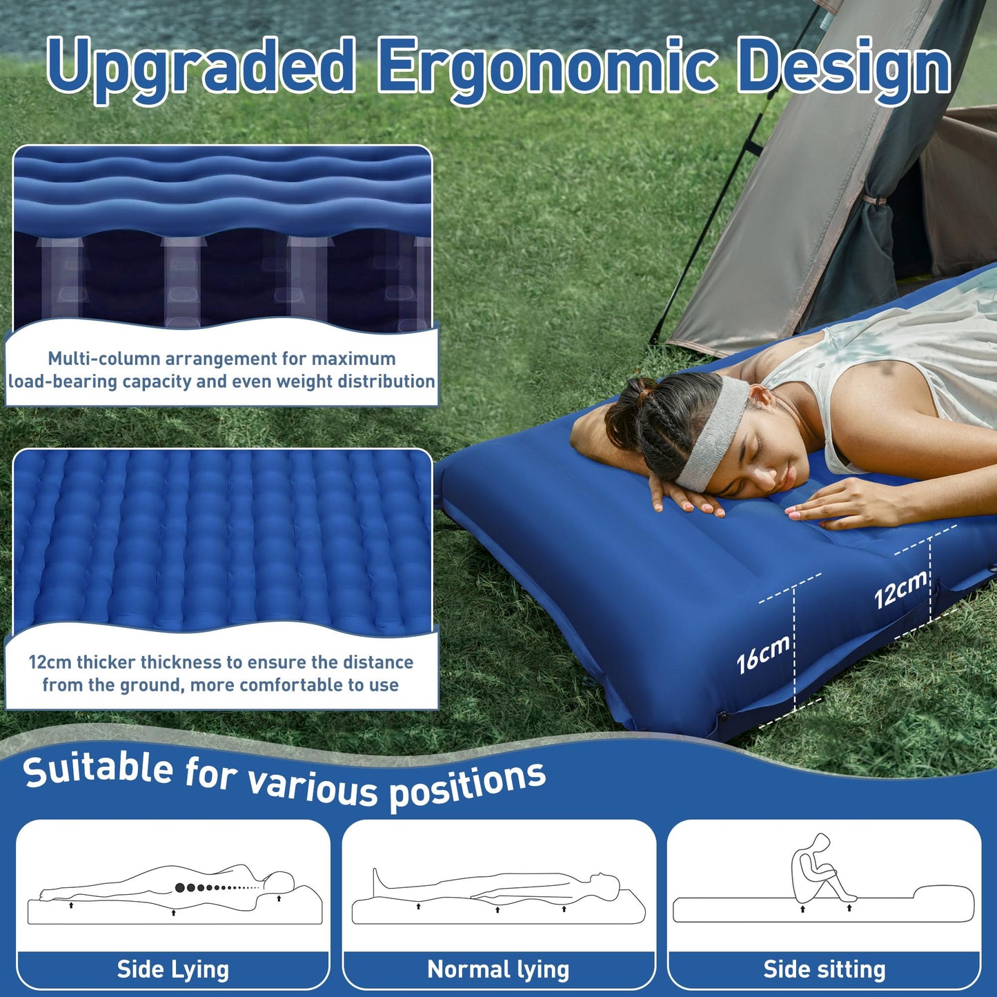 Self-inflating sleeping pad, 12CM Ultralight Inflatable Air Mattress with Camping Pillow, Portable Compact Camping Mat for Camping, Hiking, Backpacking, and Trekking (Navy Blue)