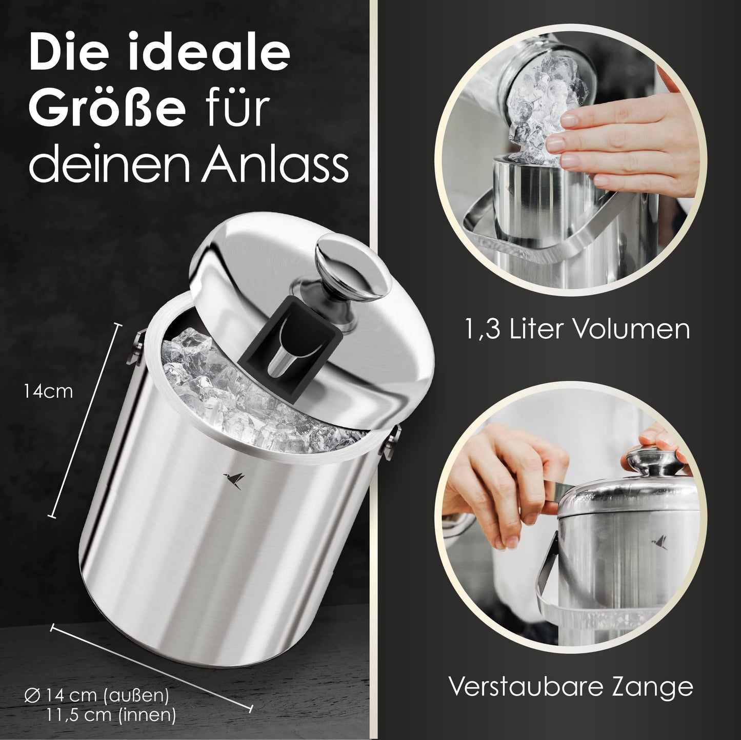 Beyond ice bucket with lid and tongs 100% BPA free made of stainless steel - double-walled ice cooler, 1.3 liters. Ice bucket for ice cubes storage.