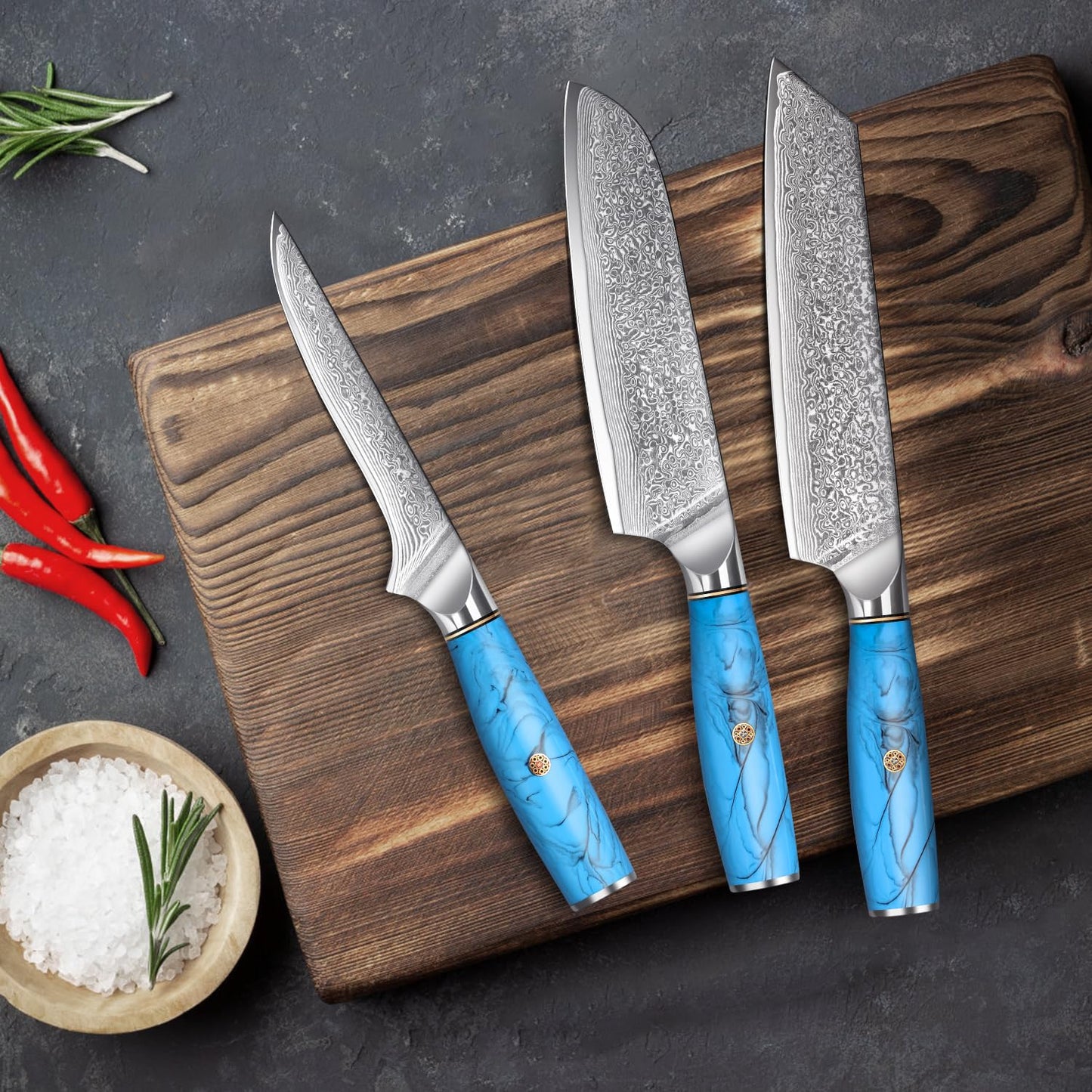 Home Safety Damascus Knife Set, 3PC Damascus Chef Knife Set Santoku Knife Set made of 67 layers Vg-10 Damascus steel, Professional Damascus Kitchen Knife Set with Ergonomic Resin Handle, Gift Box