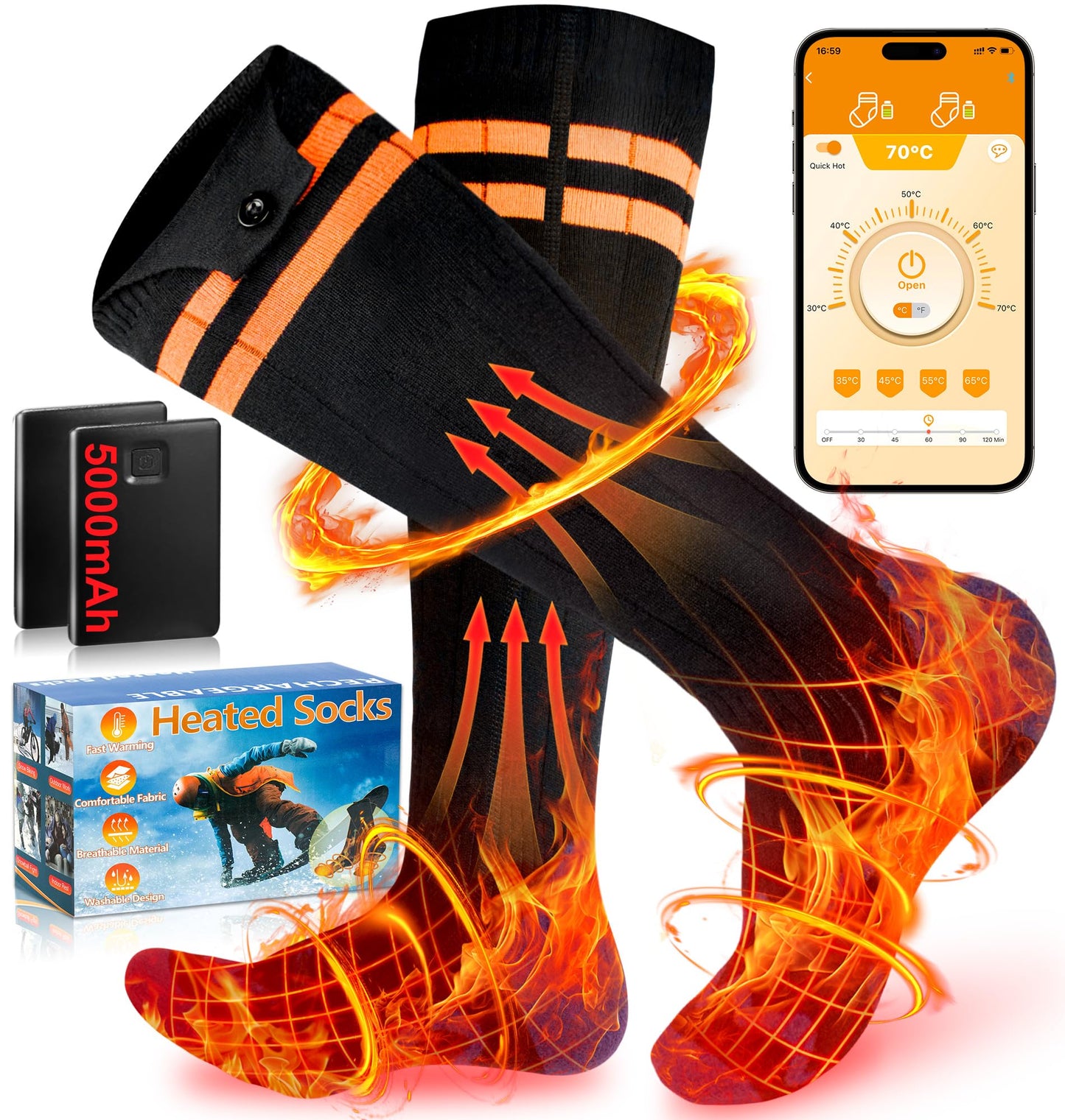 LanBlu Heated Socks for Women with App Control, 5000mAh Heated Socks with Battery, 4 Adjustable Heat Levels Heated Socks for Men, Washable Heated Socks for Skiing Cycling Camping