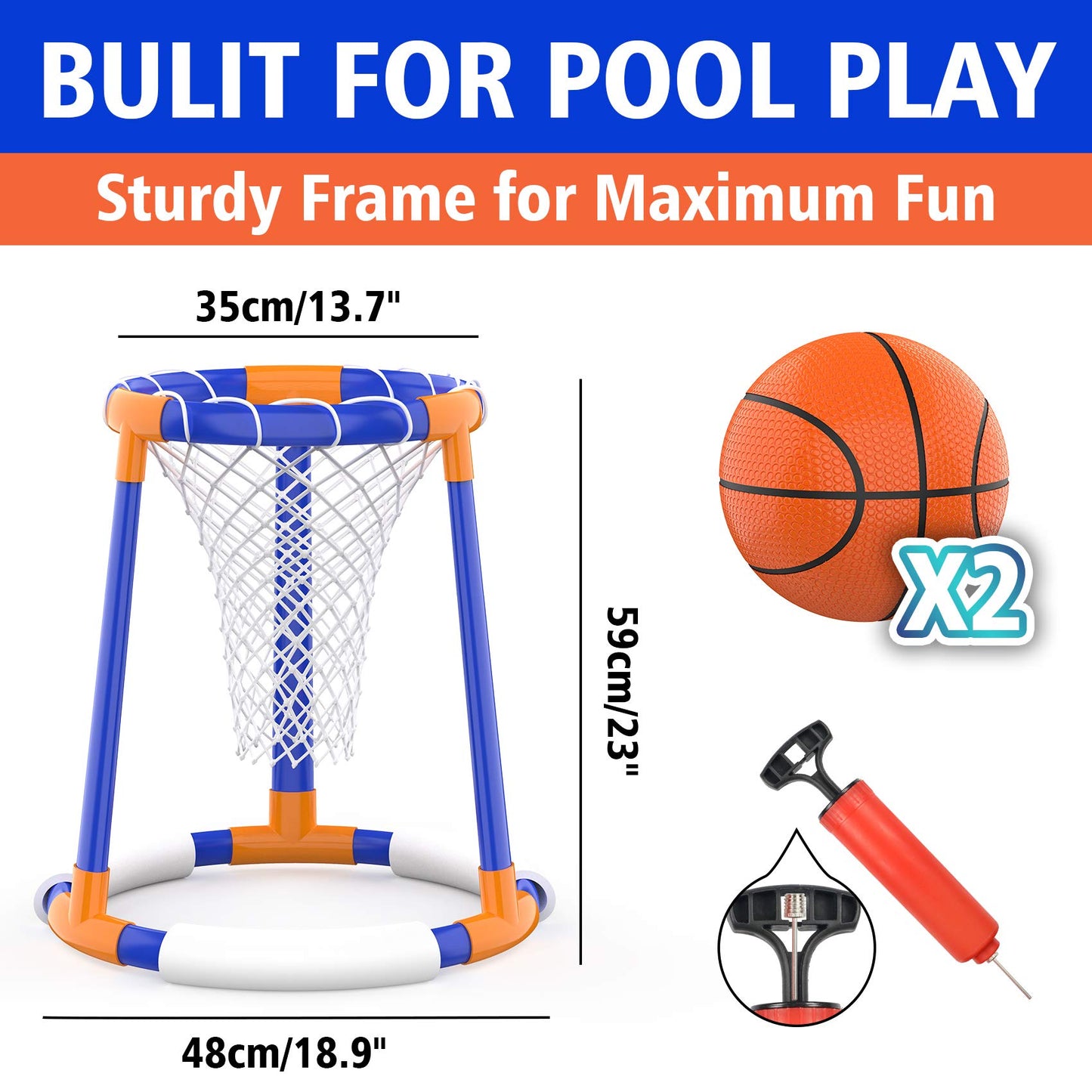 FOSUBOO Pool Toy for Adults Kids Water Games Floating Basketball Hoop Water Toy Basketball Hoop Pool Accessory Fun (2X Basketballs)