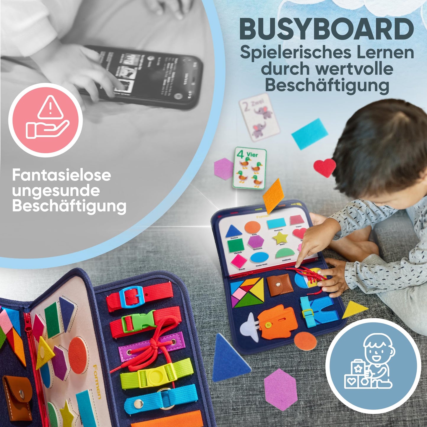 AnToniMahoni Montessori Busy Board German toy for 1 2 3 4 year olds, Activity Board motor skills toy, gift for boys girls, baby educational toy basic skills, motor skills game for travel