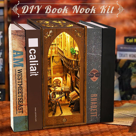 CRIOLPO Book Nook Kit - DIY dollhouse wooden miniature house kit, book corner kit for adults teens, 3D wooden puzzle bookshelf insert kits with sensor LED light (library of books), SL-06