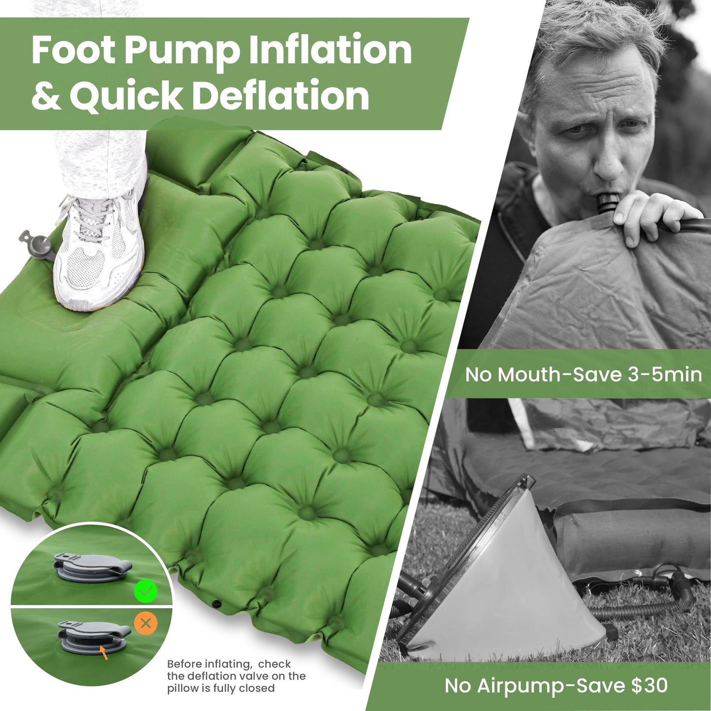 ROPODA self-inflating camping mat with pillow, ultralight inflatable sleeping pad with foot pump, waterproof sleeping mat for outdoor, camping, hiking (green)