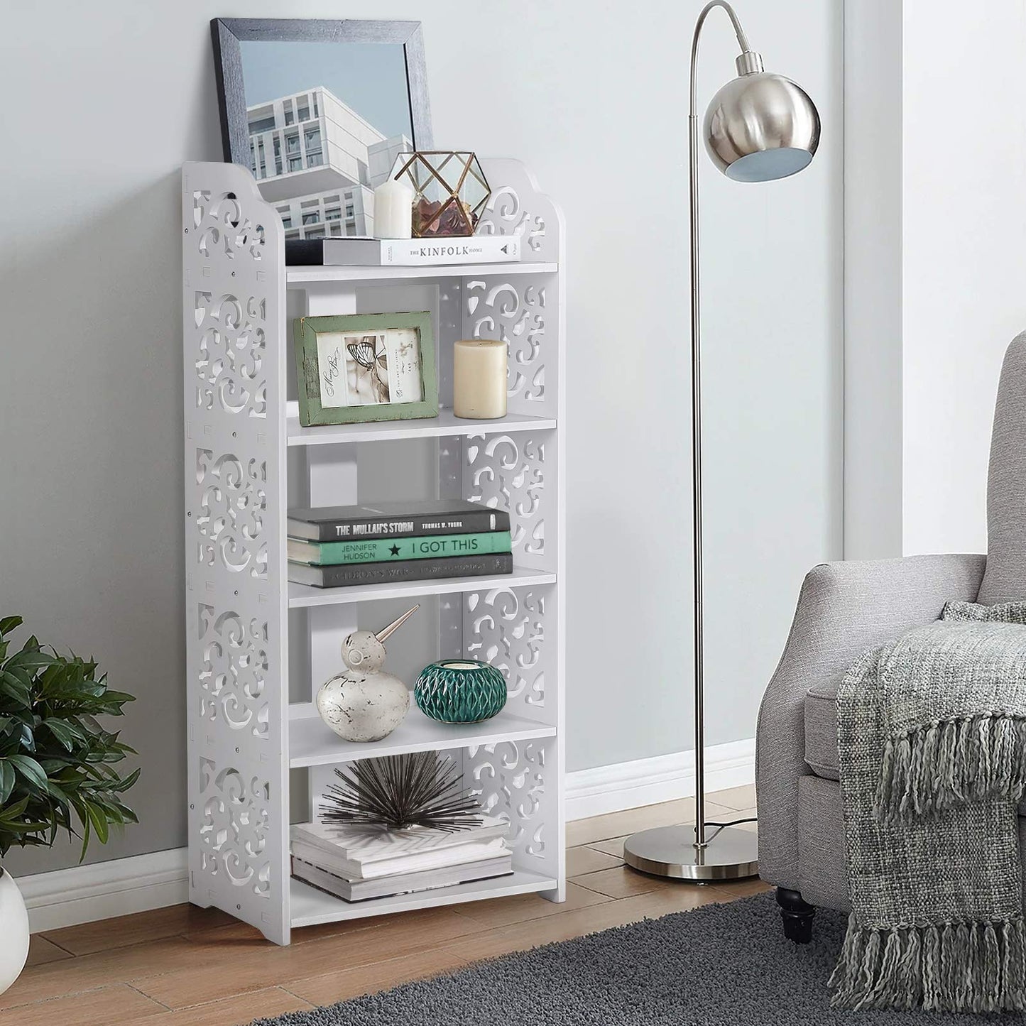 White shoe rack, 40 cm wide shoe rack, narrow and tall shelf, small standing shelf with 5 shelves, stackable bathroom shelf, kitchen storage shelves, decorative shelf, shoe cabinet for hallway, bathroom, kitchen, living room.