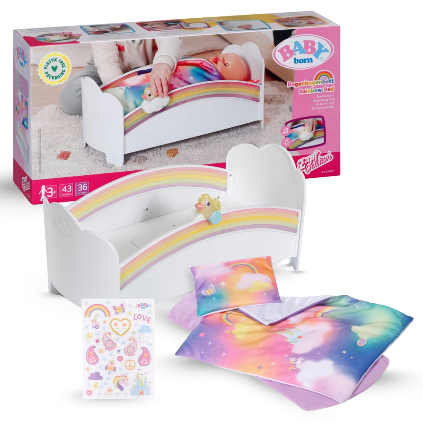 BABY born Rainbow Bed, doll bed with rainbow lights and soothing lullaby, includes reversible bedding, 835999 Zapf Creation