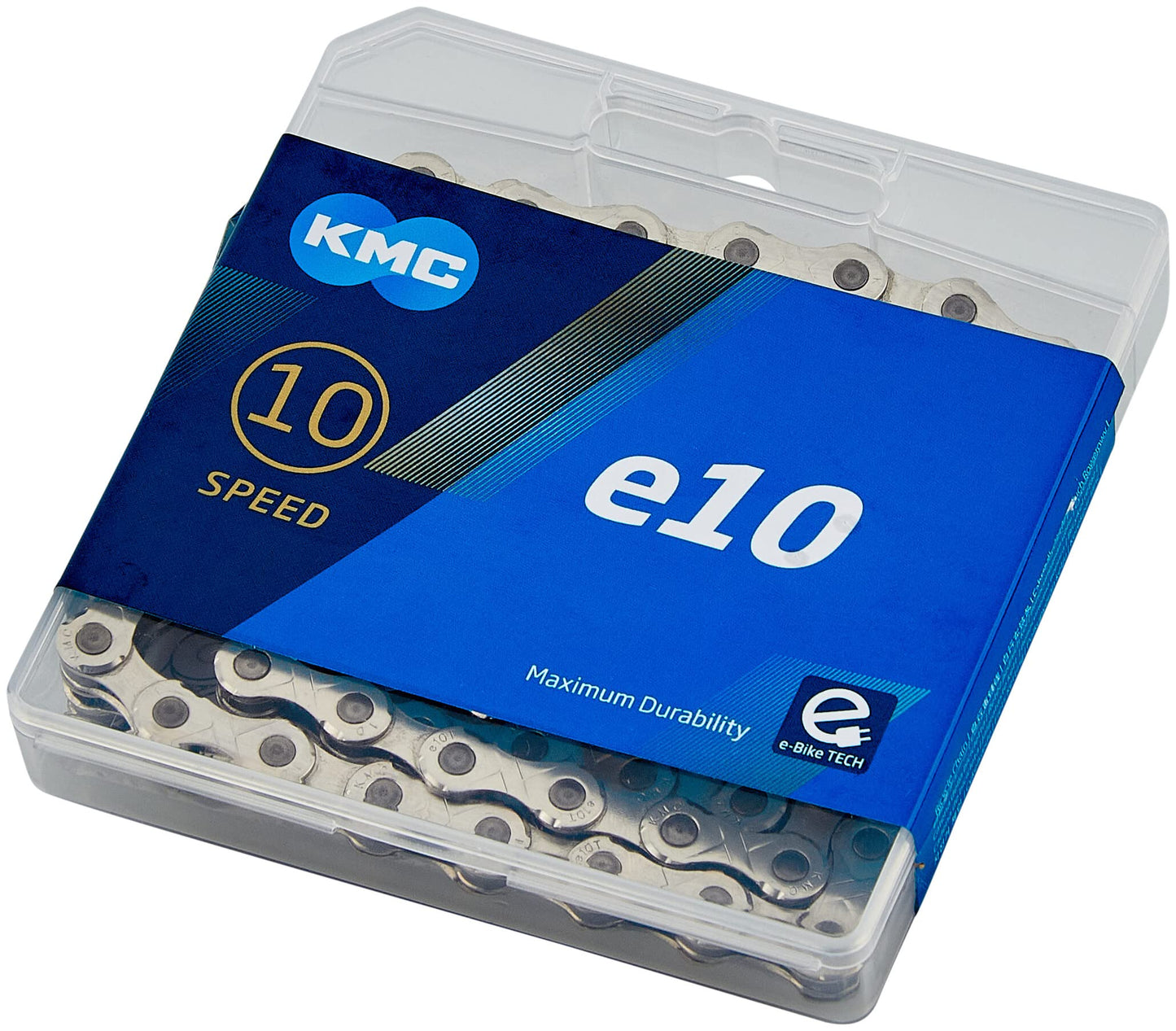 Bicycle chain, KMC bicycle chain, e10 Silver, 1/2" x 11/128", 122 links, 10-speed, silver