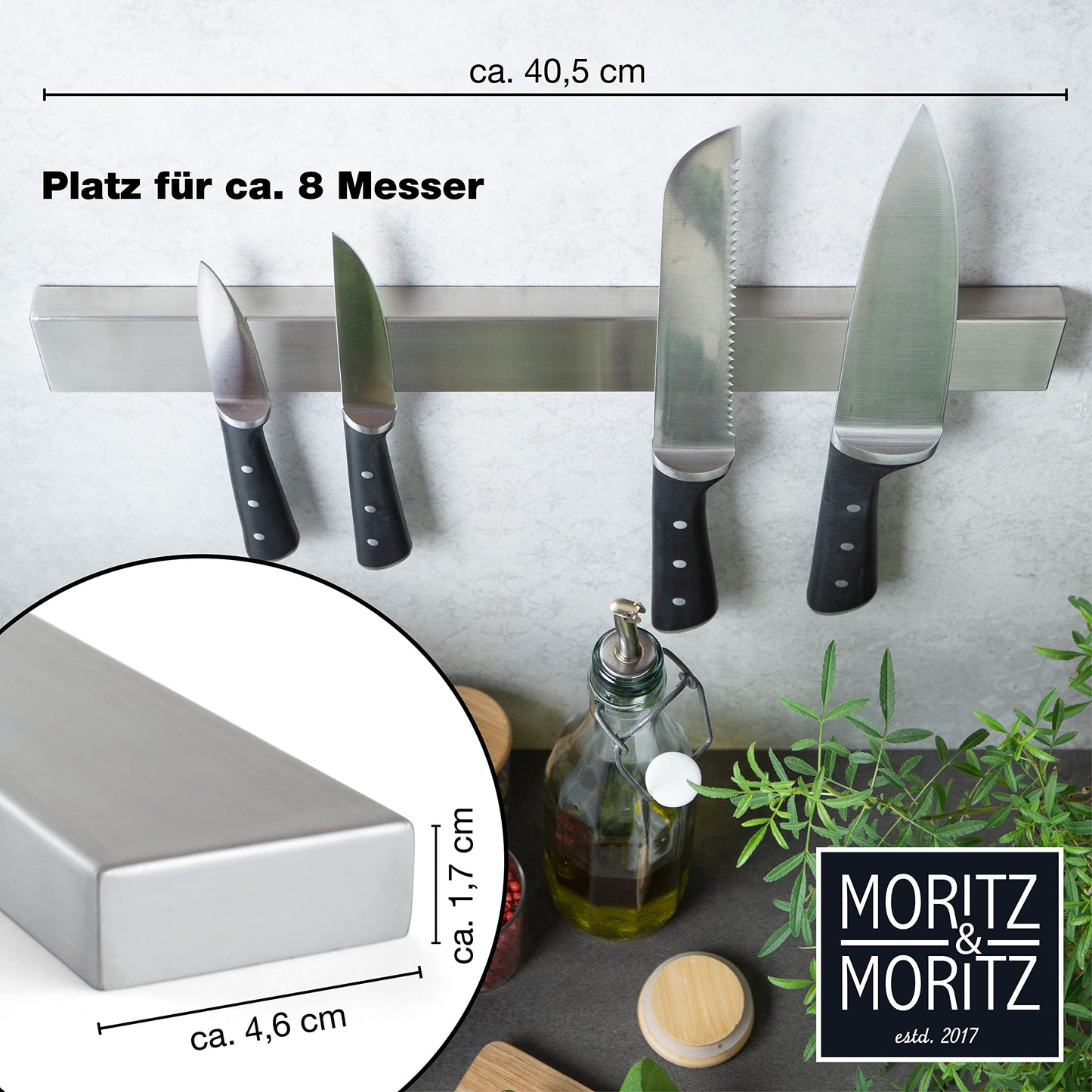 Moritz & Moritz 40cm Self-adhesive Knife Magnetic Strip - Knife Magnetic Strip for Gluing or Drilling - Magnetic Knife Holder made of Stainless Steel - Knife Magnetic Rail for Kitchen Tools and Utensils