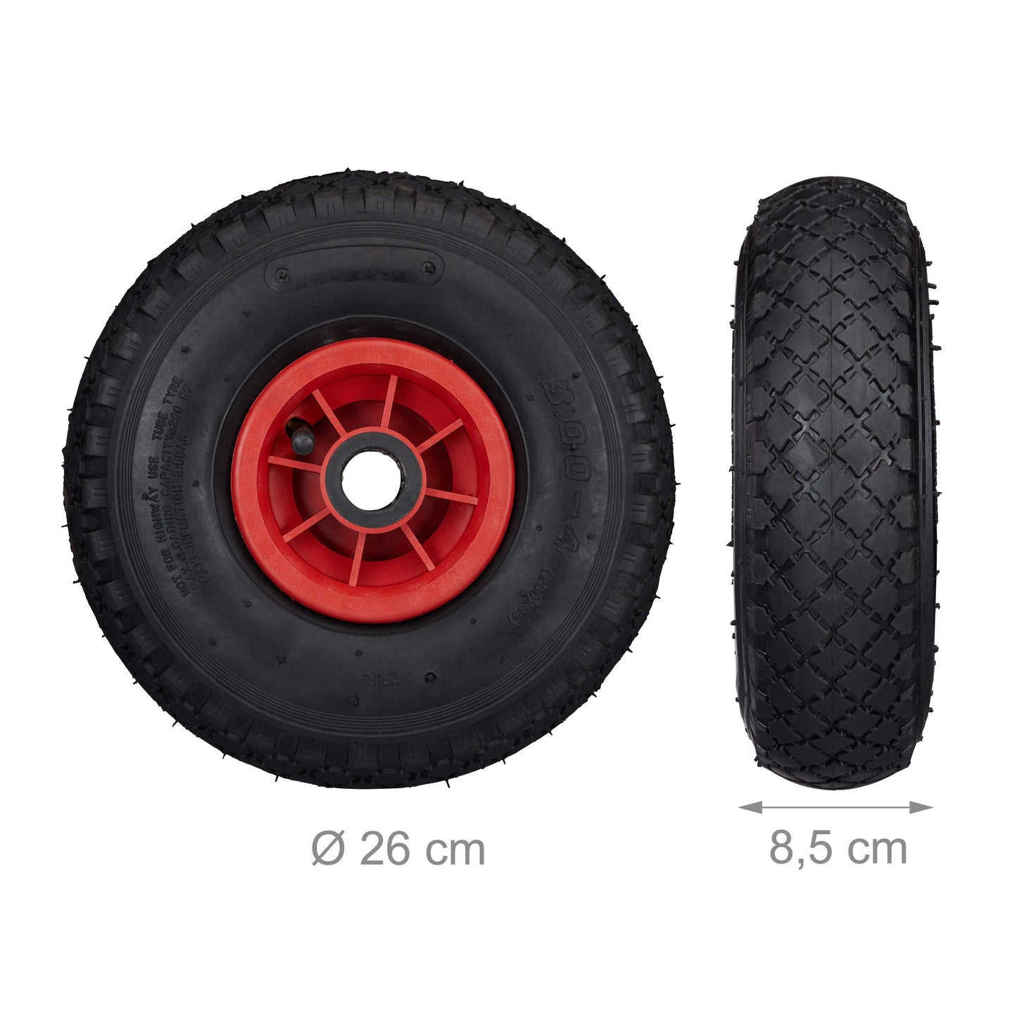 4 x hand truck wheel, 3.00-4, air-filled, spare wheel with plastic rim, 260x85mm, Ø axle 25mm, complete wheel, black-red