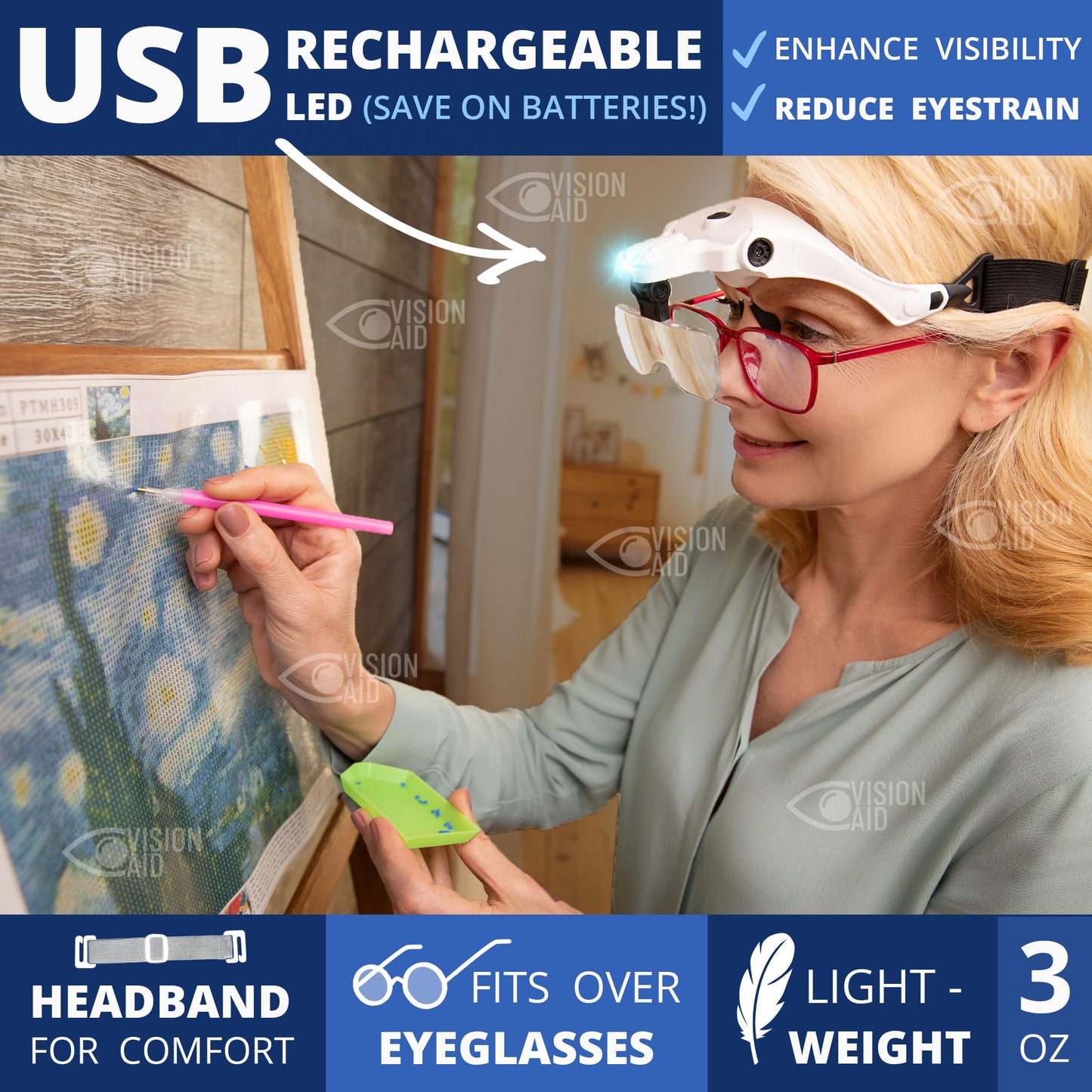 Vision Aid magnifying glass with LED light 5 lenses headband protective storage case glasses magnifier hands-free illuminated head-mounted magnifier for hobby crafting macular degeneration painting eyeglass wearers close work