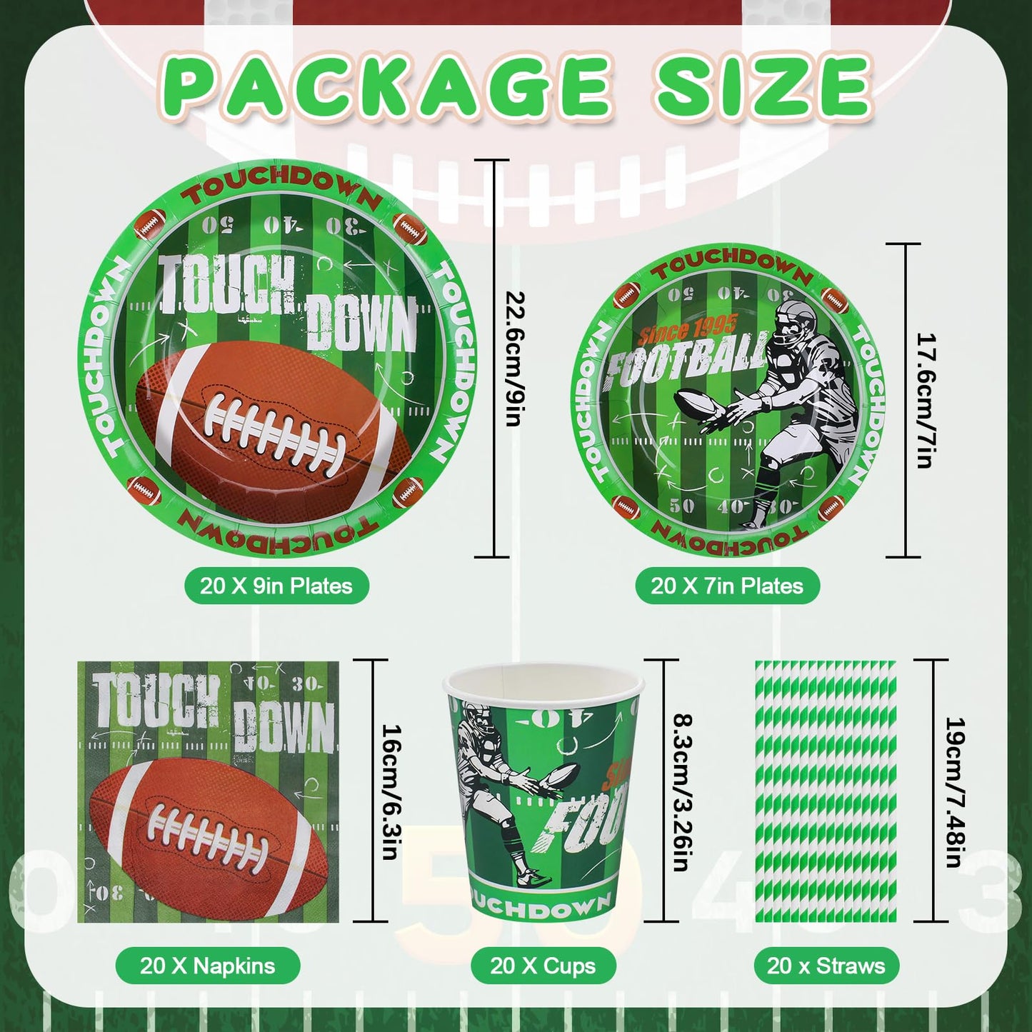 DANXIAN American Football Party Tableware Set, Super Bowl Decor 2025 - XXL set for Superbowl Party, Football-themed Birthday Decor Set for Boys and Girls' Birthday parties, 20 guests.