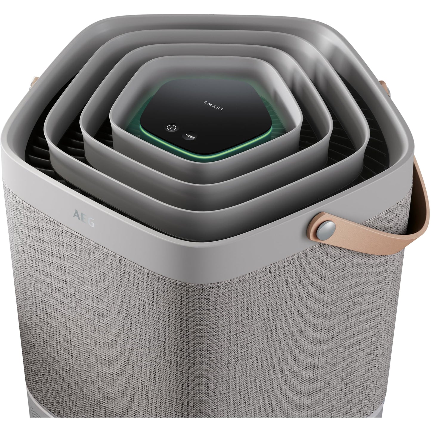 AEG AX91-604GY Air Purifier / eliminates 99.9% of airborne bacteria / only 17 dB(A) / Auto mode / air quality indicator / powerful filters / app control / up to 129 m² / light gray