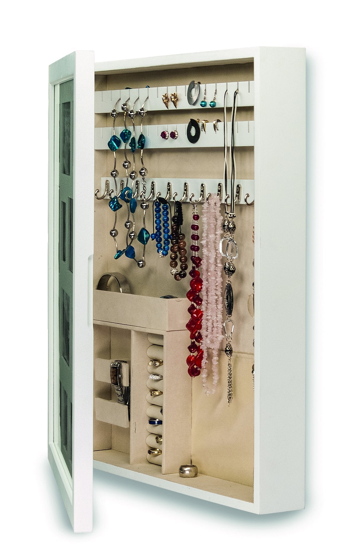 Jewelry cabinet, white with picture frame front for 12 photos made of FSC® certified wood.