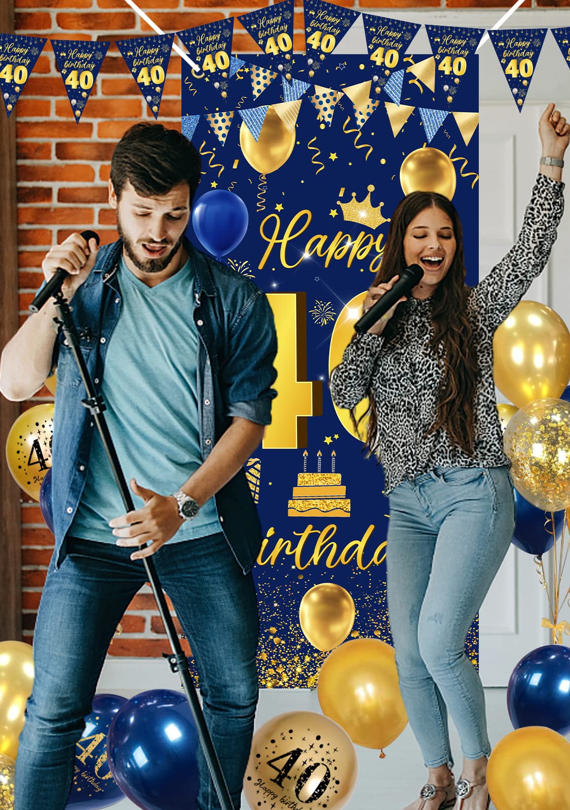 40th Birthday Decorations Banner & Garland - Blue-Gold, Balloons & Confetti
