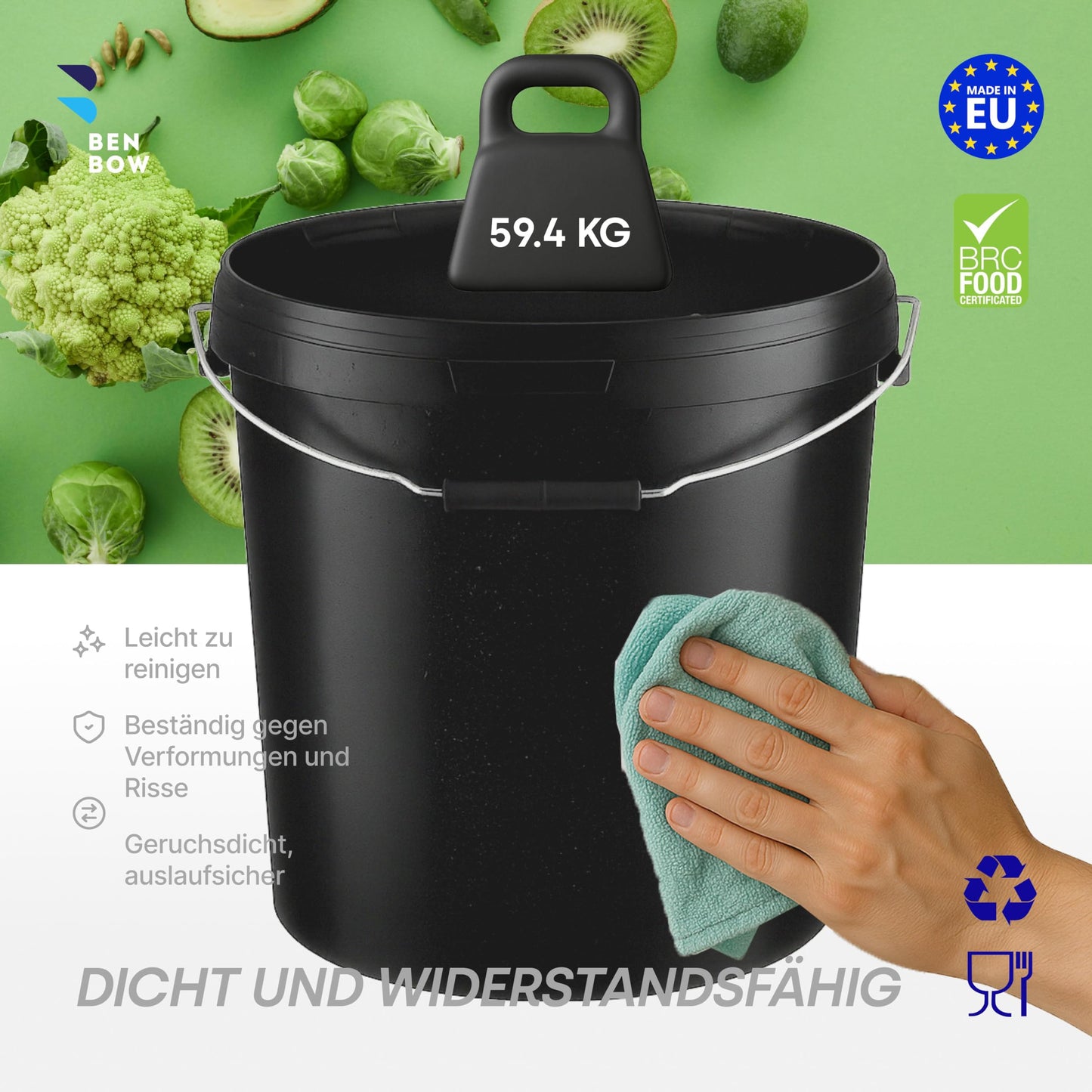 BenBow - Bucket with Lid Black 5X 20 Liters - food-safe stable airtight leak-proof odorless - Plastic storage container with metal handle - Crack-resistant grip, empty - for home