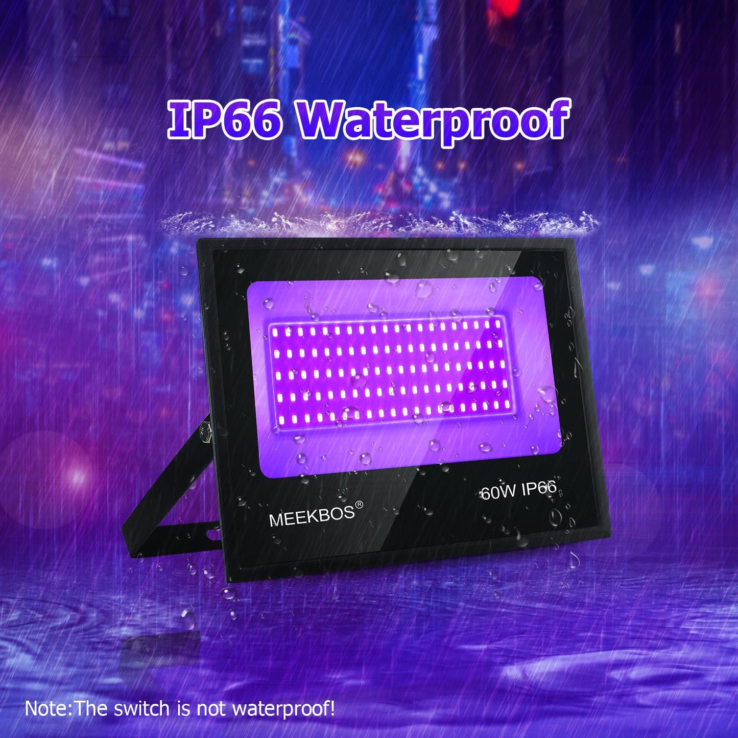MEEKBOS Blacklight Projector, 2 pack 60W LED Blacklight lamp, IP66 Waterproof Outdoor UV Floodlight with plug, 385-400NM spotlight for Blacklight Party, GLOW, Halloween, Fluorescent Painting.