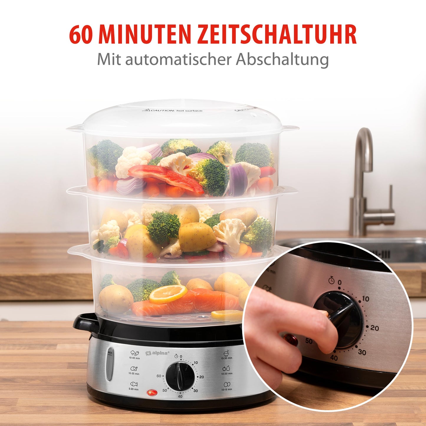 Alpina steamer - steam engine 230V/800W - 3 layer pot - BPA free - steam pot dishwasher safe - ready for use in 0 to 60 minutes - 9 liter capacity - plastic/stainless steel - gray