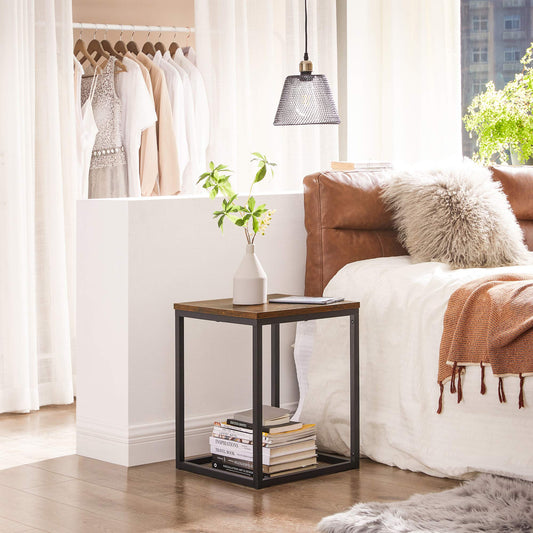 VASAGLE side table, square, nightstand, steel frame, for living room, office, bedroom, industrial style, brown and black LET270B01