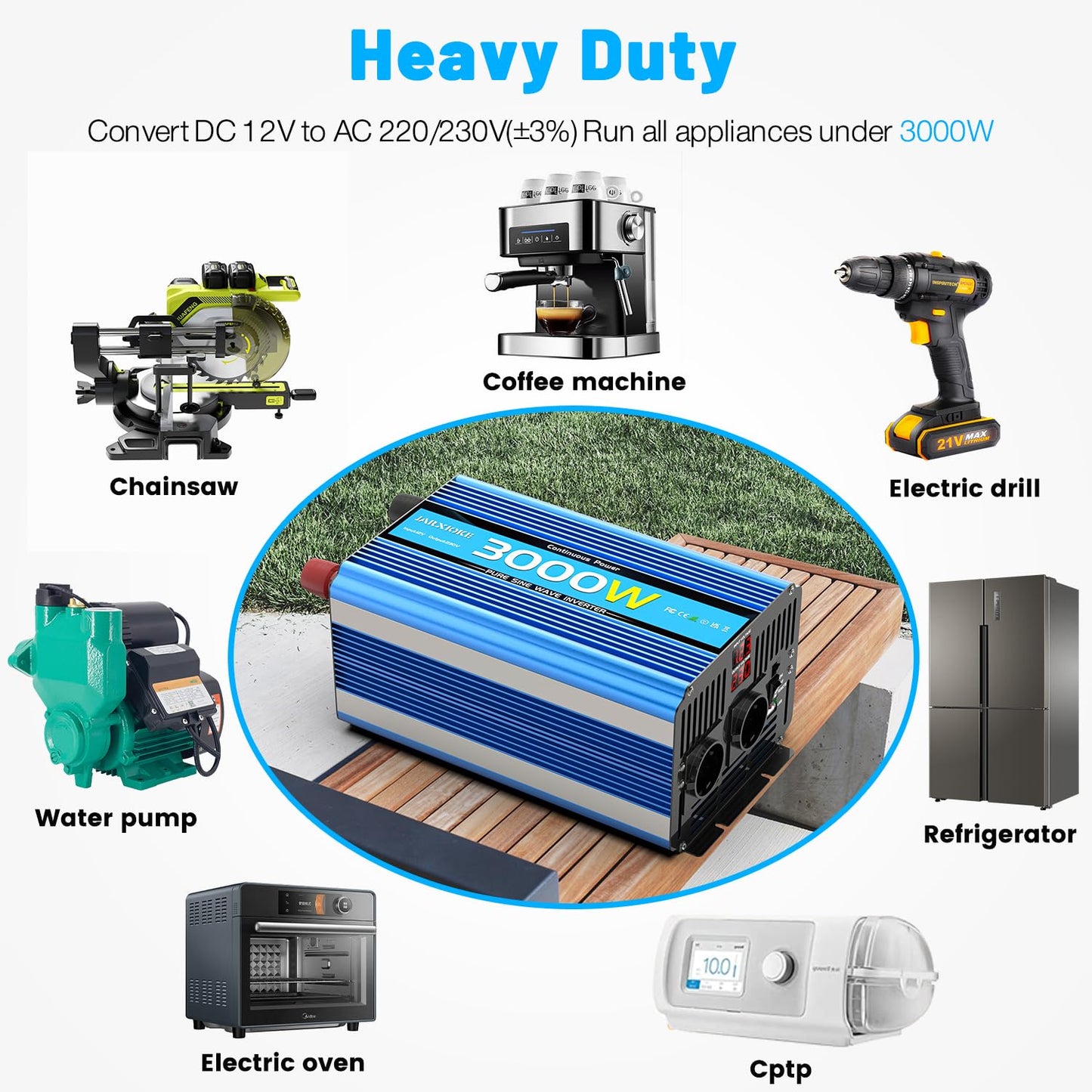 12V to 230V inverter 3000W/6000W Pure Sine Wave Power Converter with remote control, LED display, EU AC outlets, USB port. Perfect for car, camper, boat, camping, power outage.