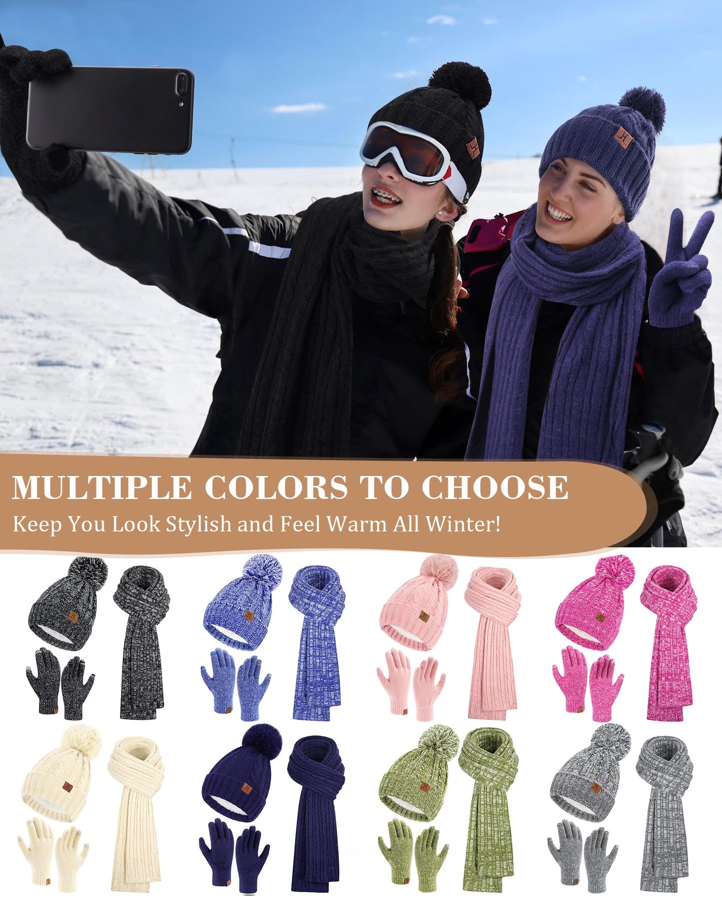 Comfortable charging women's winter warm beanie hat touchscreen gloves long scarf set with fleece lining, thermal winter hat pom pom beanies scarves winter gloves women's gift, apricot