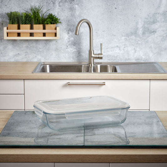 Grizzly XXL glass food storage container, 3600 ml, airtight, rectangular, click closure, versatile containers for oven, microwave, freezer.