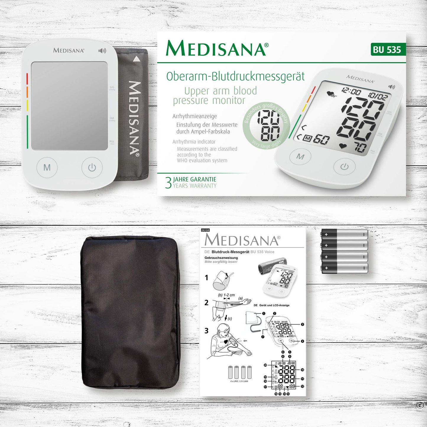 medisana BU 535 Voice upper arm blood pressure monitor with voice output, blood pressure and pulse measurement with memory function, traffic light scale, blood pressure cuff with detection of an irregular heartbeat.