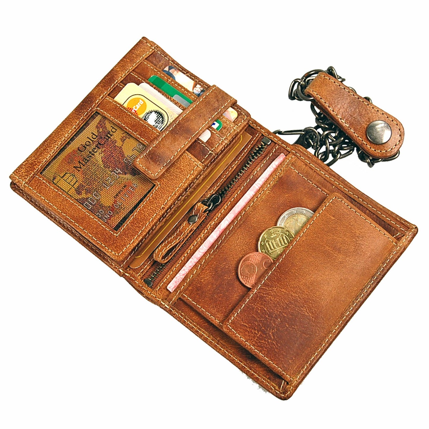 GoBago Biker wallet - leather purse with chain, made of durable leather. Chain wallet in vintage style - Biker wallet (Vintage-Tan).