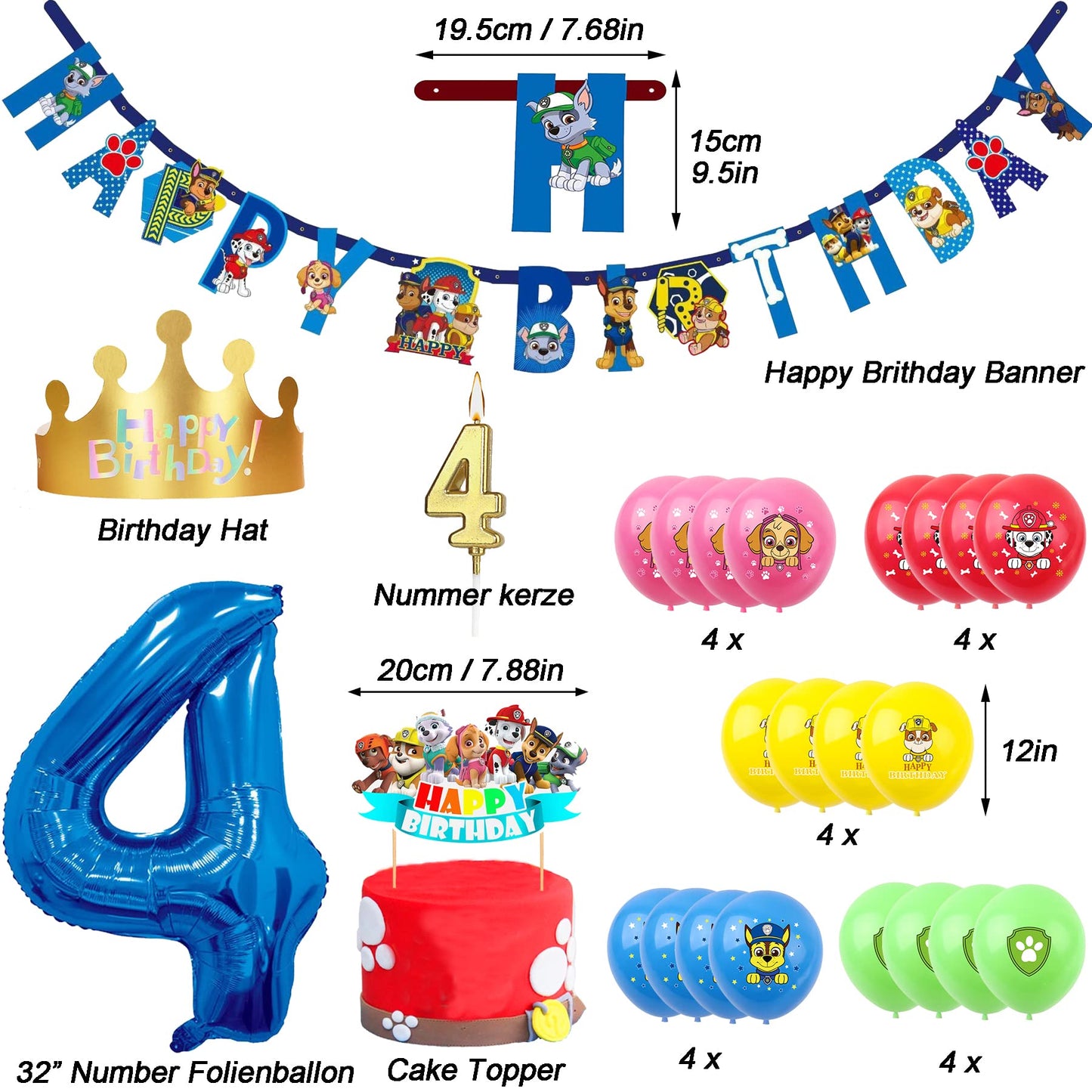 57 Pieces 4th Birthday Decorations Birthday Decor 4 Years Boys Girls Party Decoration Set Happy Birthday Banner, 9 Large Foil Balloons, 20 Latex Balloons, Cake Toppers, Candles, Birthday Hats (Number 4)