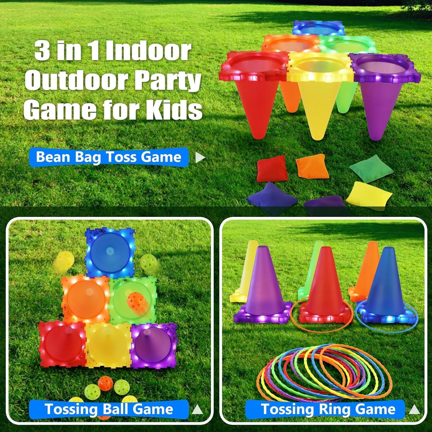 VATOS Light Up Throwing Games Outdoor Games Garden Games for Kids 3 4 5 6 years, Ball & Ring & Bean Bag Toss Game Set, Toss Game Garden Toy Games for Outside Outdoor Games Toy for Kids