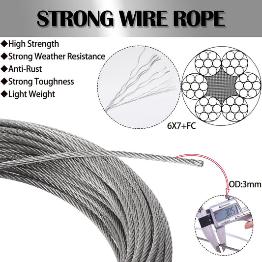 3mm stainless steel wire rope for climbing support, rust-free rope suitable for hanging lamps. Comes with M5 turnbuckles and wire rope thimbles. Length: 30m.