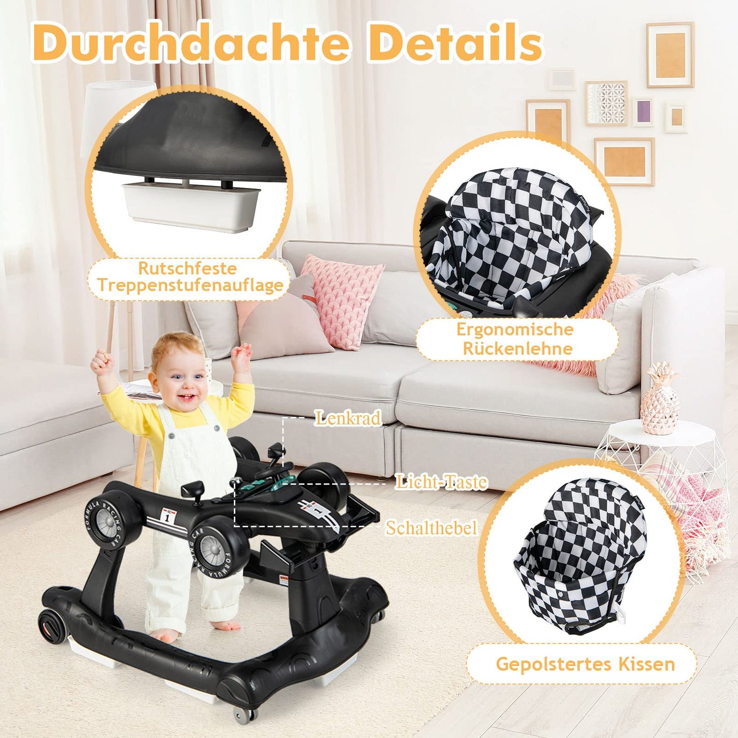 DREAMADE 4-in-1 auto-shaped baby walker with adjustable speed, music & lights. Height adjustable and foldable, suitable for babies aged 6 months and older.