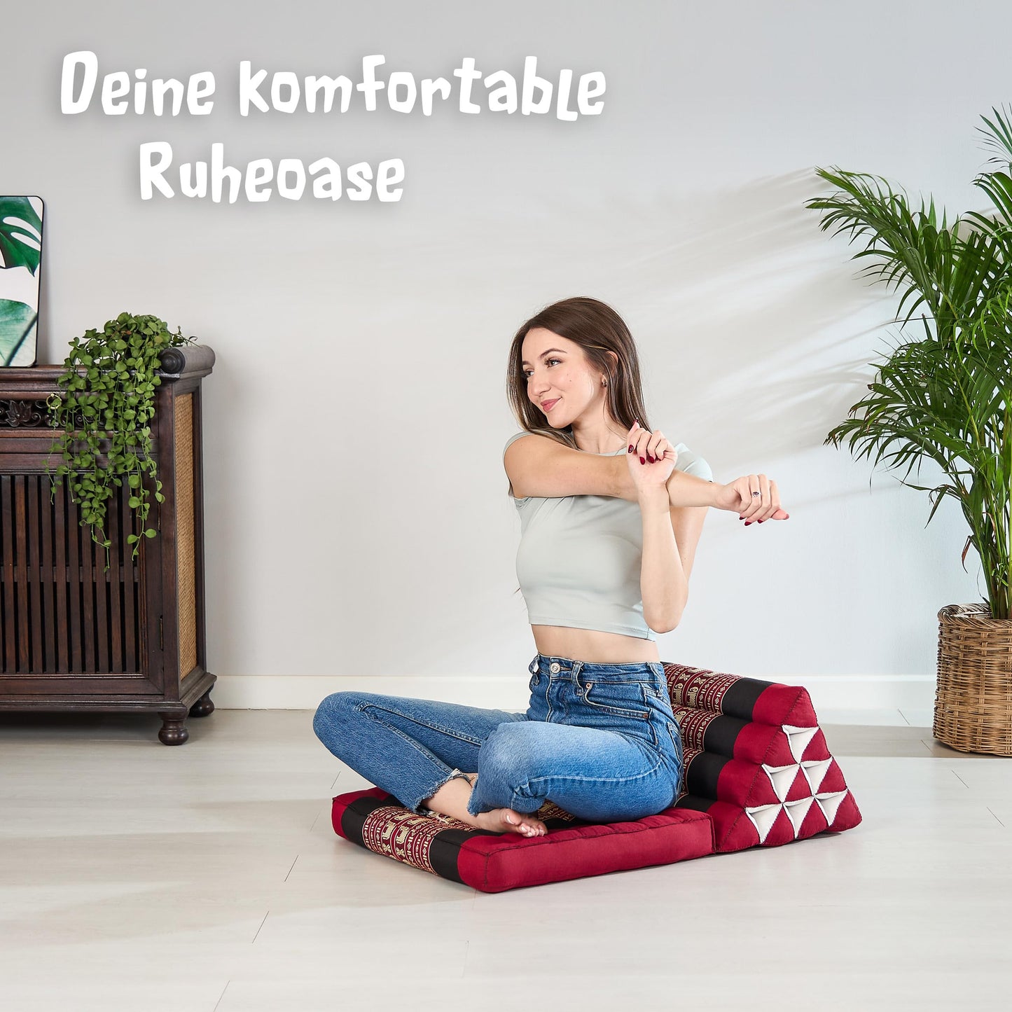 Livasia Thai pillow with 1 pad - 75x50x8cm - triangle pillow with seat cushion, wedge pillow with kapok, foldable back pillow, Thai mat for folding, handmade, meditation pillow (red/elephants)