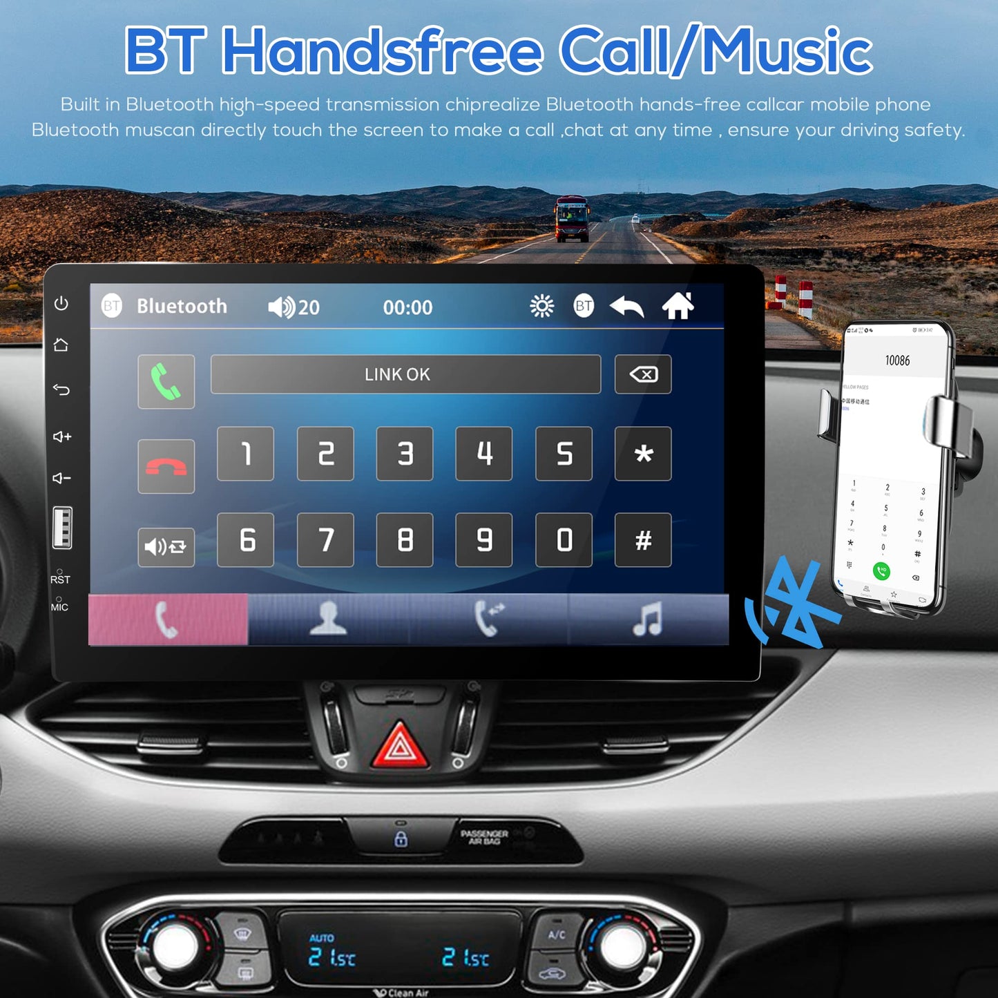 Car stereo 1 Din with Bluetooth hands-free calling IOS/Android Mirror Link 9 inch touchscreen, with Bluetooth FM Radio USB/AUX/TF/EQ/7 Colors Light Steering wheel control + Rearview camera Microphone