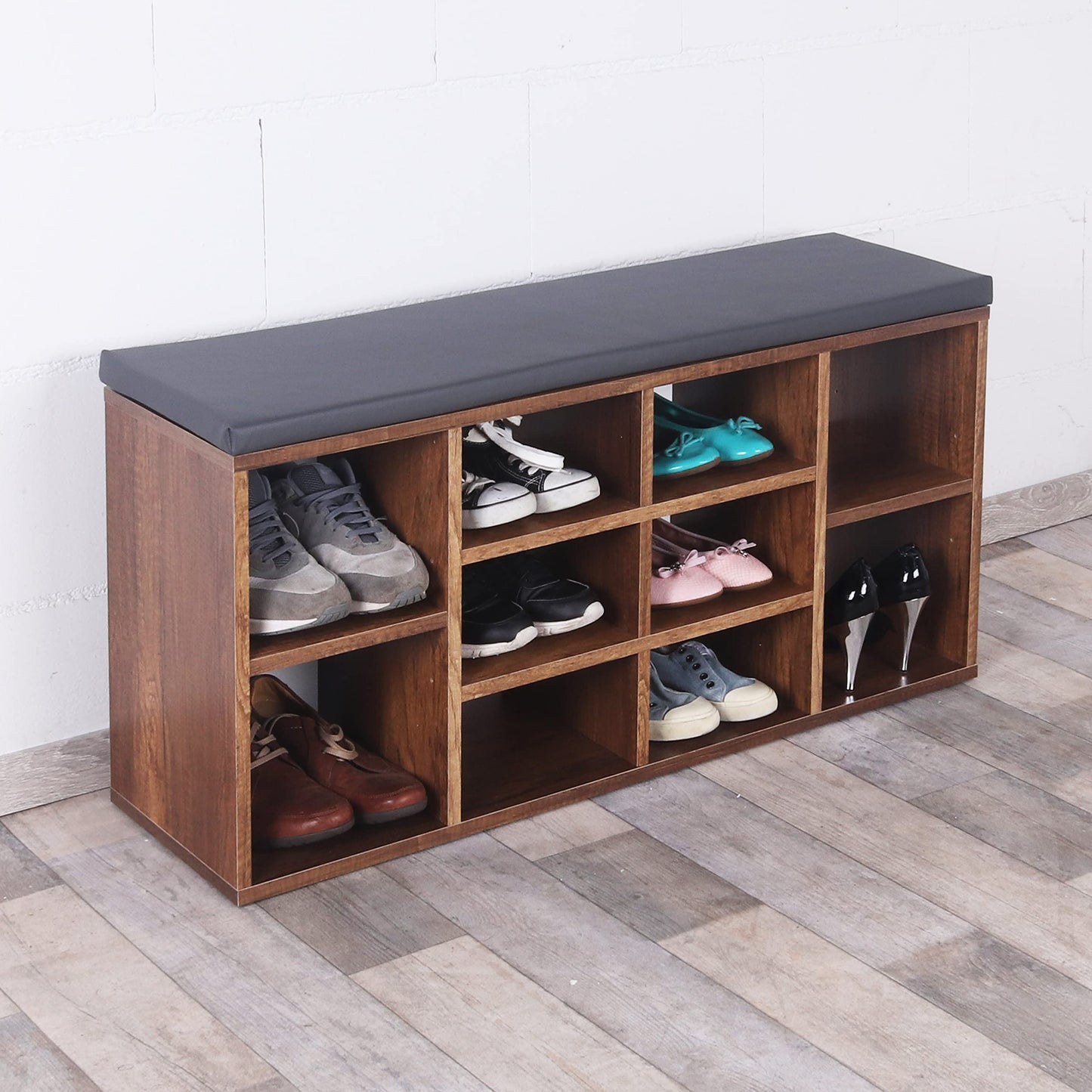 RICOO shoe bench with seat & storage 104x49x30cm dark oak chipboard, shoe rack with seat cushion WM033-EC-A, shoe cabinet with bench seat shoe rack entryway bench benches & chests