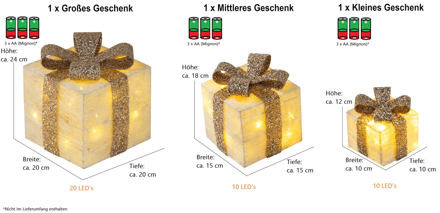Bambelaa! Set of 3 LED Decorative Gift Light Boxes with Timer Christmas Decoration Christmas Lights Decor Christmas (Gold)