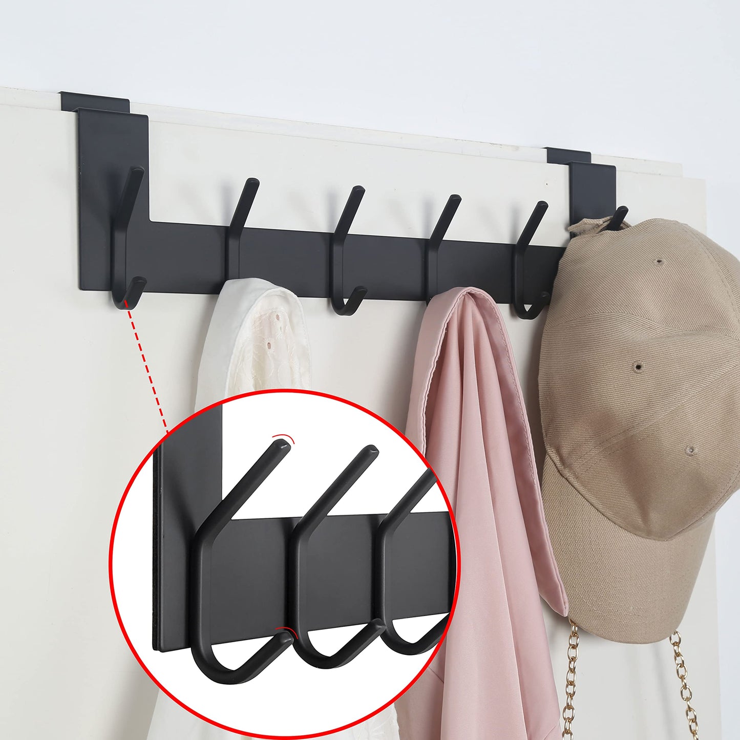 SKOLOO Door Hooks with 6 Hooks, Metal Over Door Hook Rack Inside - 2 Pack Coat Hooks for Towel Holder, Coats, Black