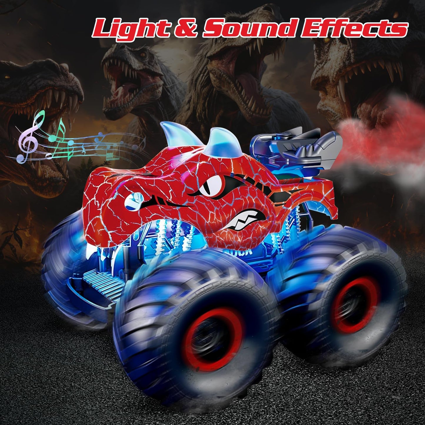 Monster Dinosaur Truck 2.4 GHz Remote Control Brother Car with Light and Sound, Spraying All Terrain Toy Car Gift for Kids 3+ years old.