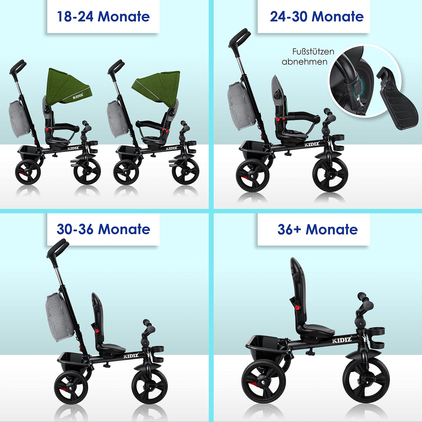 KIDIZ® 6in1 tricycle for kids with handlebar, suitable from 9 months up to 25kg. Jogger with forward & reverse drive, basket, bag, cup holder, sun canopy, rubber wheels. Foldable in khaki color.