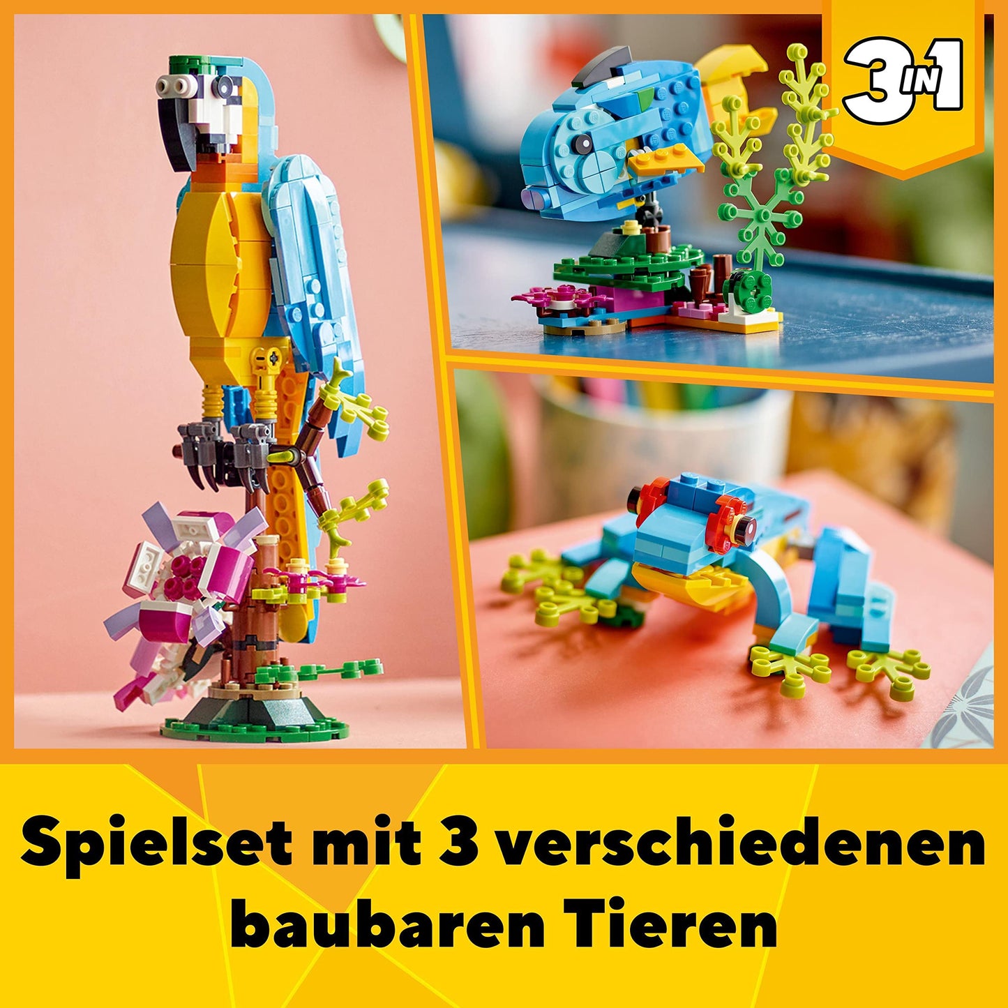 LEGO 31136 Creator 3in1 Exotic Parrot, Frog, and Fish Easter gift Jungle animal figures Building toy, creative Easter decoration toy for kids aged 7 and up for Easter 2023