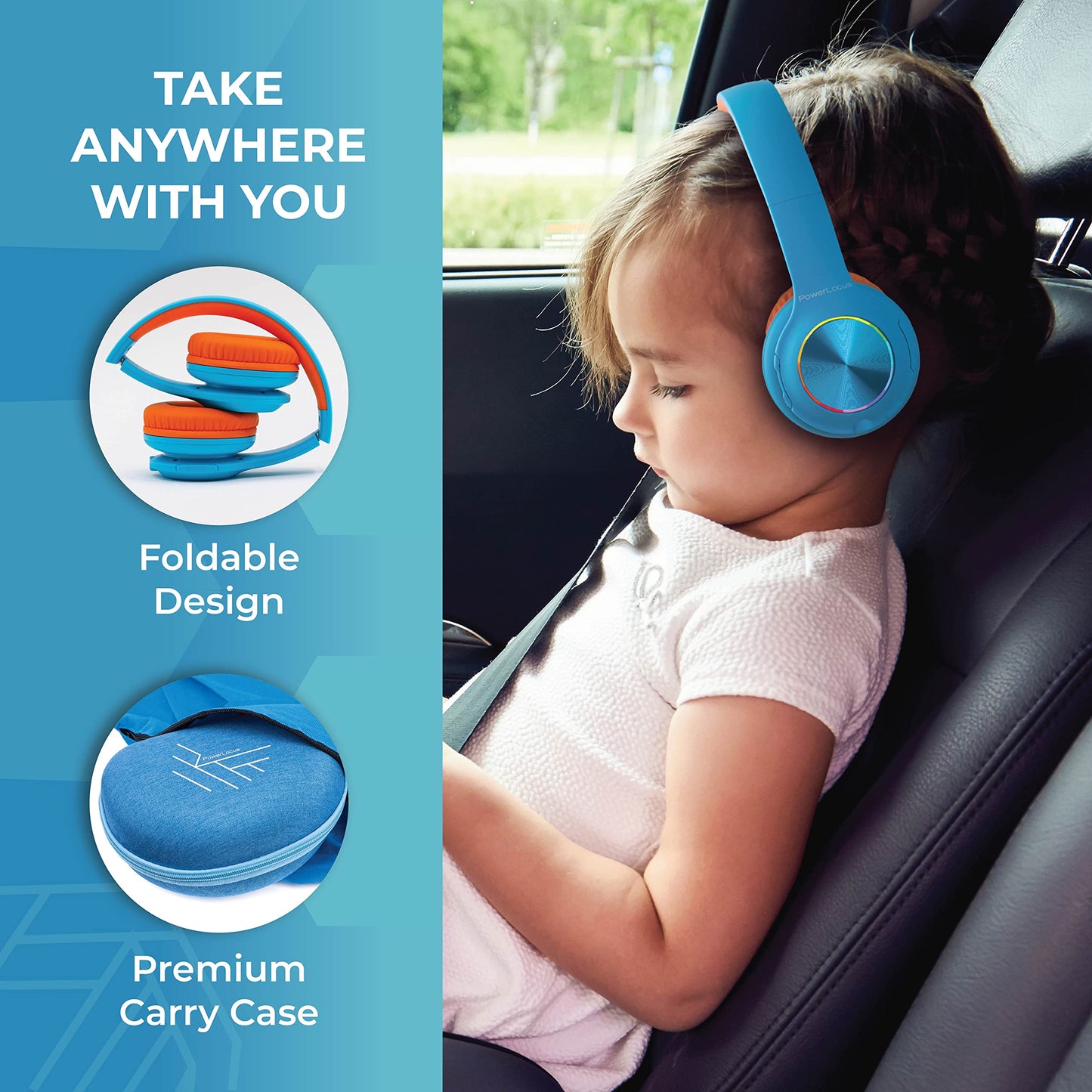 PowerLocus Kids Bluetooth Headphones, Wireless Headphones with LED Lights and 94DB Volume Limitation, Foldable Design, HD Stereo, Micro SD, Built-in Microphone for School/Laptop/Phone/TV