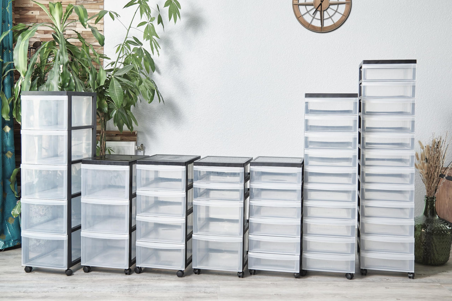 Iris Ohyama plastic drawer box with wheels, 12 flat drawers, black, pull handles, for bedroom, bathroom, school & office, BPA-free, drawer cabinet, rolling container, A4 Drawer, DC-012