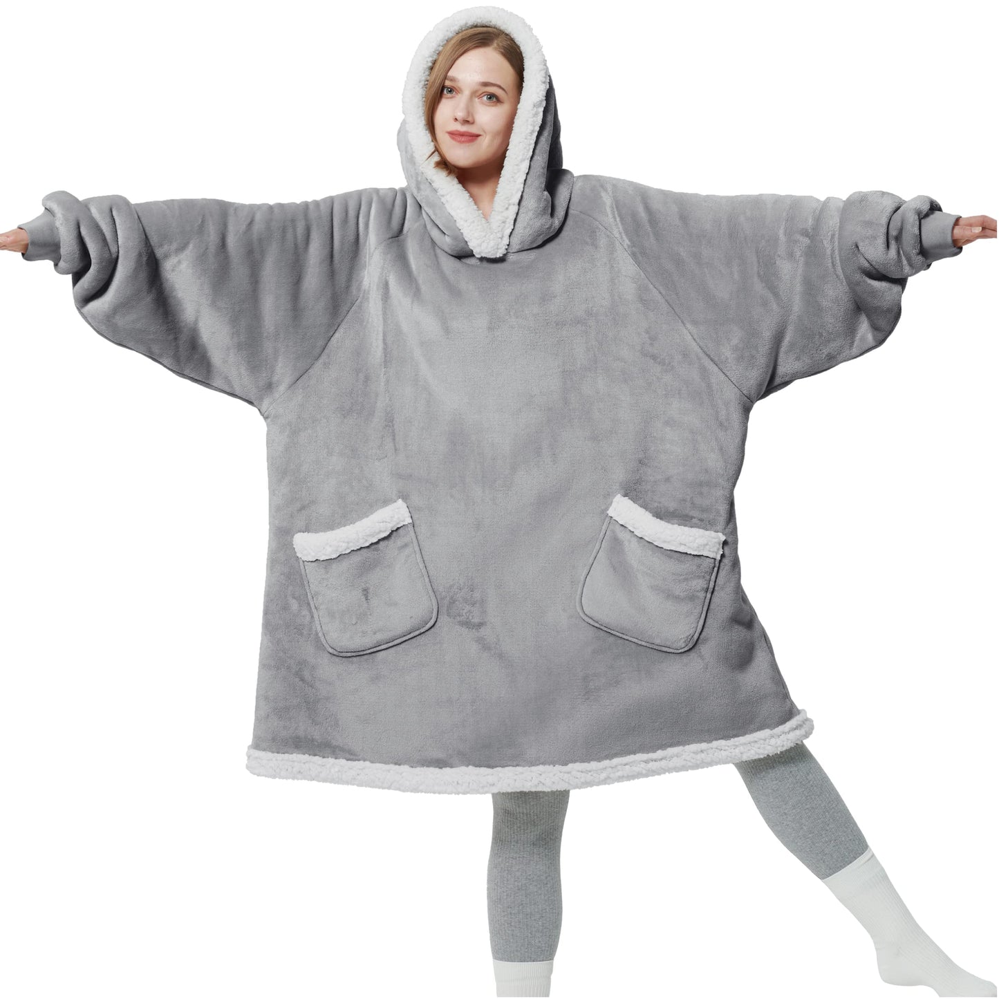 BEDSURE Hooded Blanket with Sleeves - Sherpa Sleeved Blanket Hoodie for Women, Grey, 110x90cm. Perfect gifts for women.