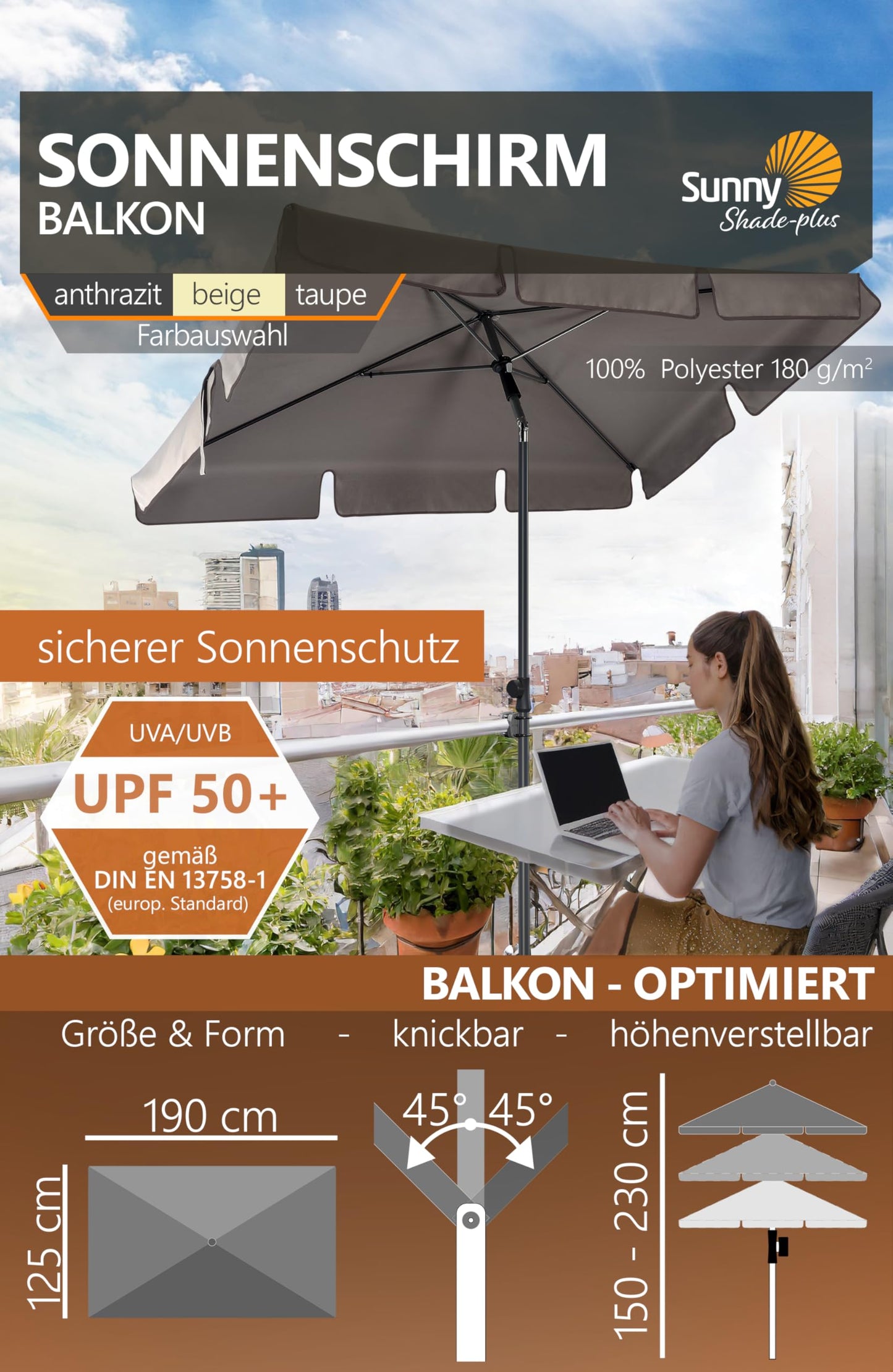 4smile balcony umbrella SunnyShade Plus, Sun protection balcony SET 3-in-1, Taupe - UV50+ rectangular umbrella 200 x 125 cm + umbrella holder balcony railing + umbrella cover.