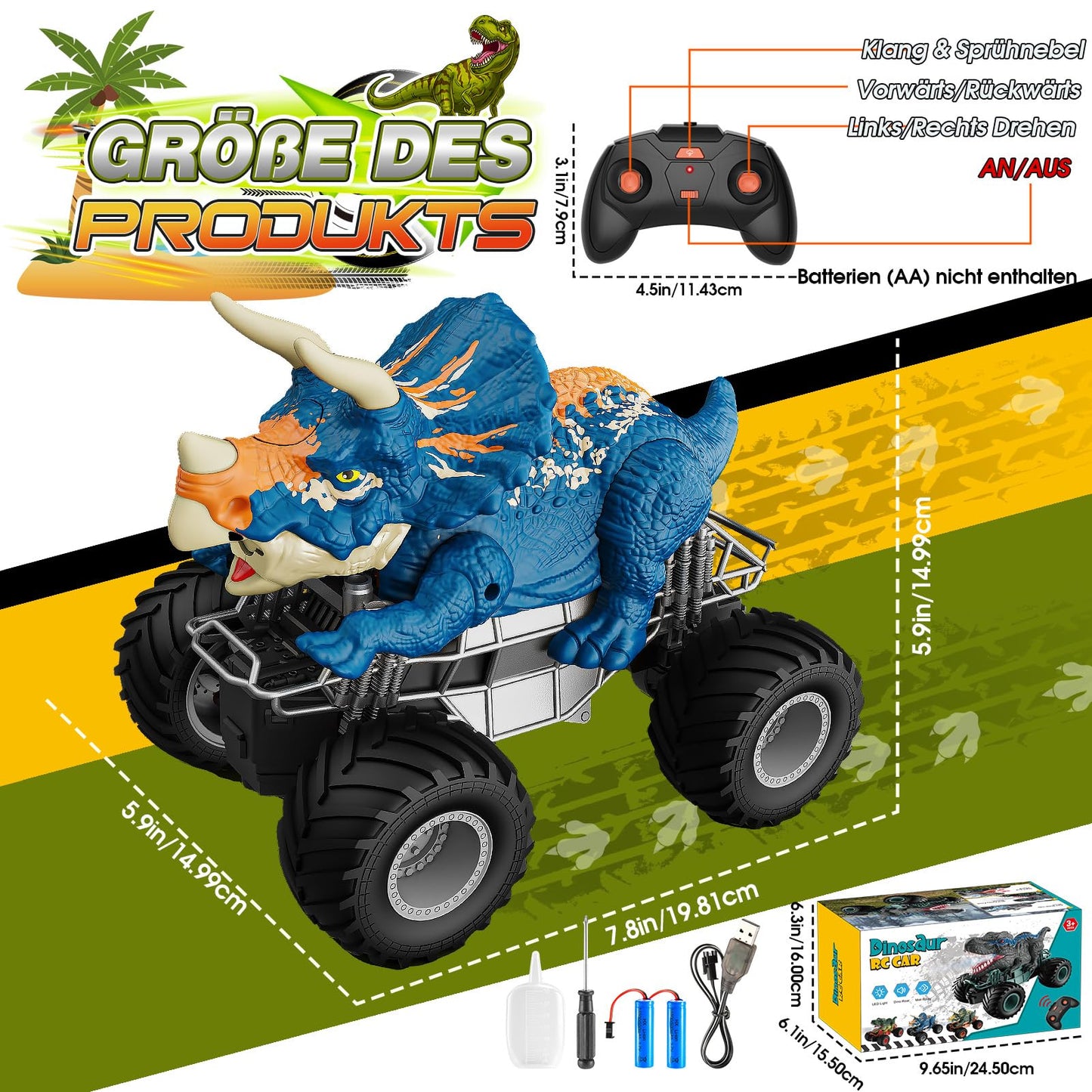 HappyGoLucky dinosaur toy for boys aged 3-10, monster truck RC car for ages 3-8 with mist spray, music, LED lights, outdoor Easter gift for kids.